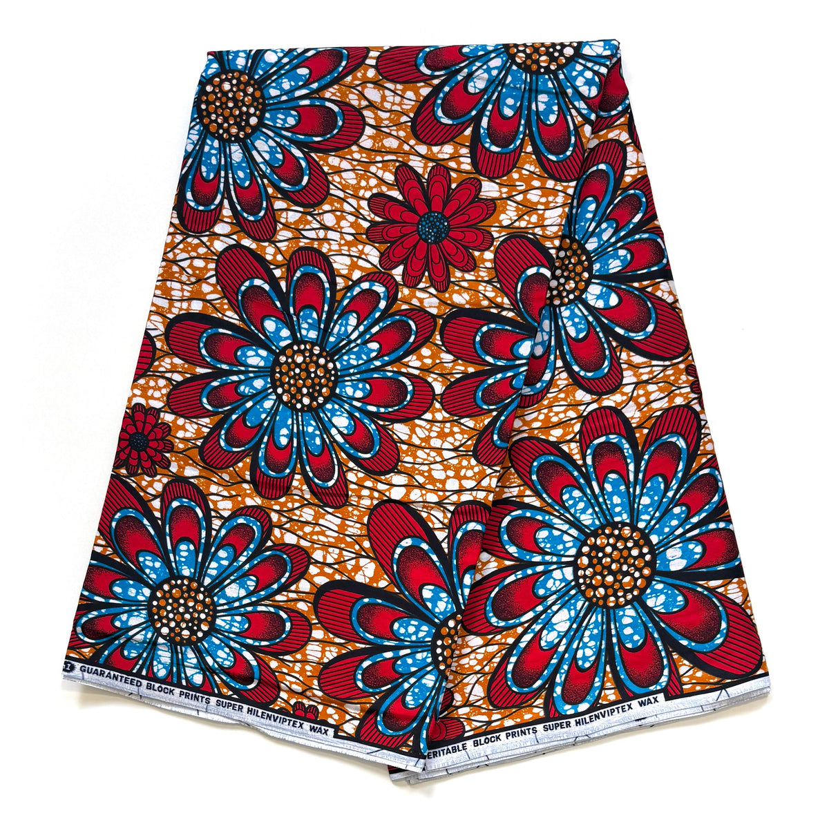 Wax Pagne Africain - Tissu 100% Coton - Fleurs Solaires - ROUGE / BLEU / MARRON
