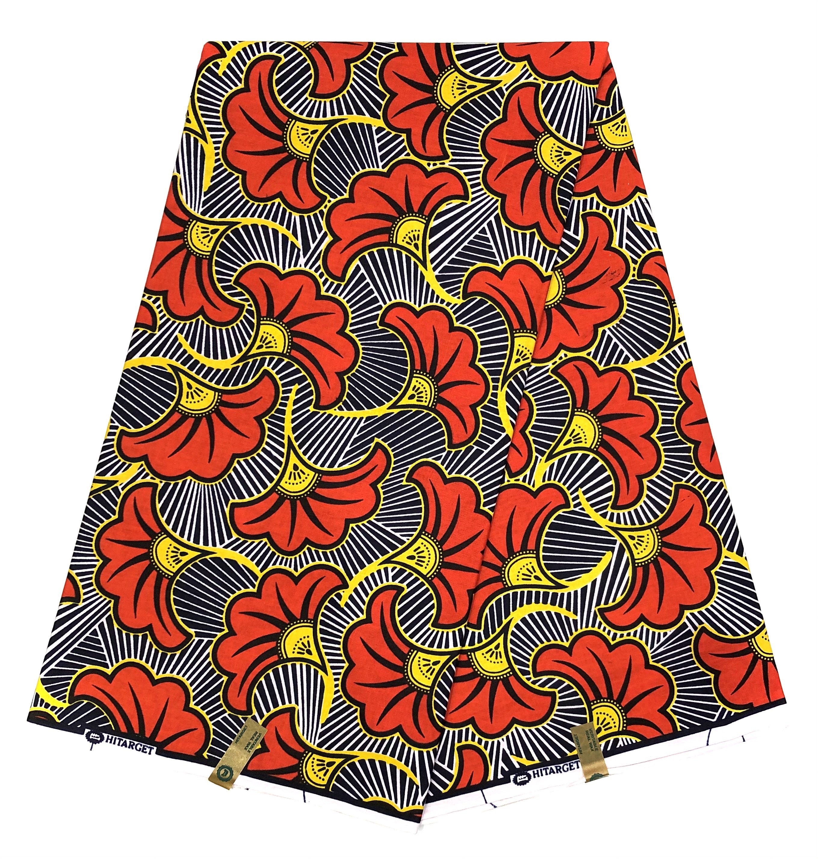 Wax Pagne Africain - Tissu 6 Yards 100% Coton - ORANGE / BLEU