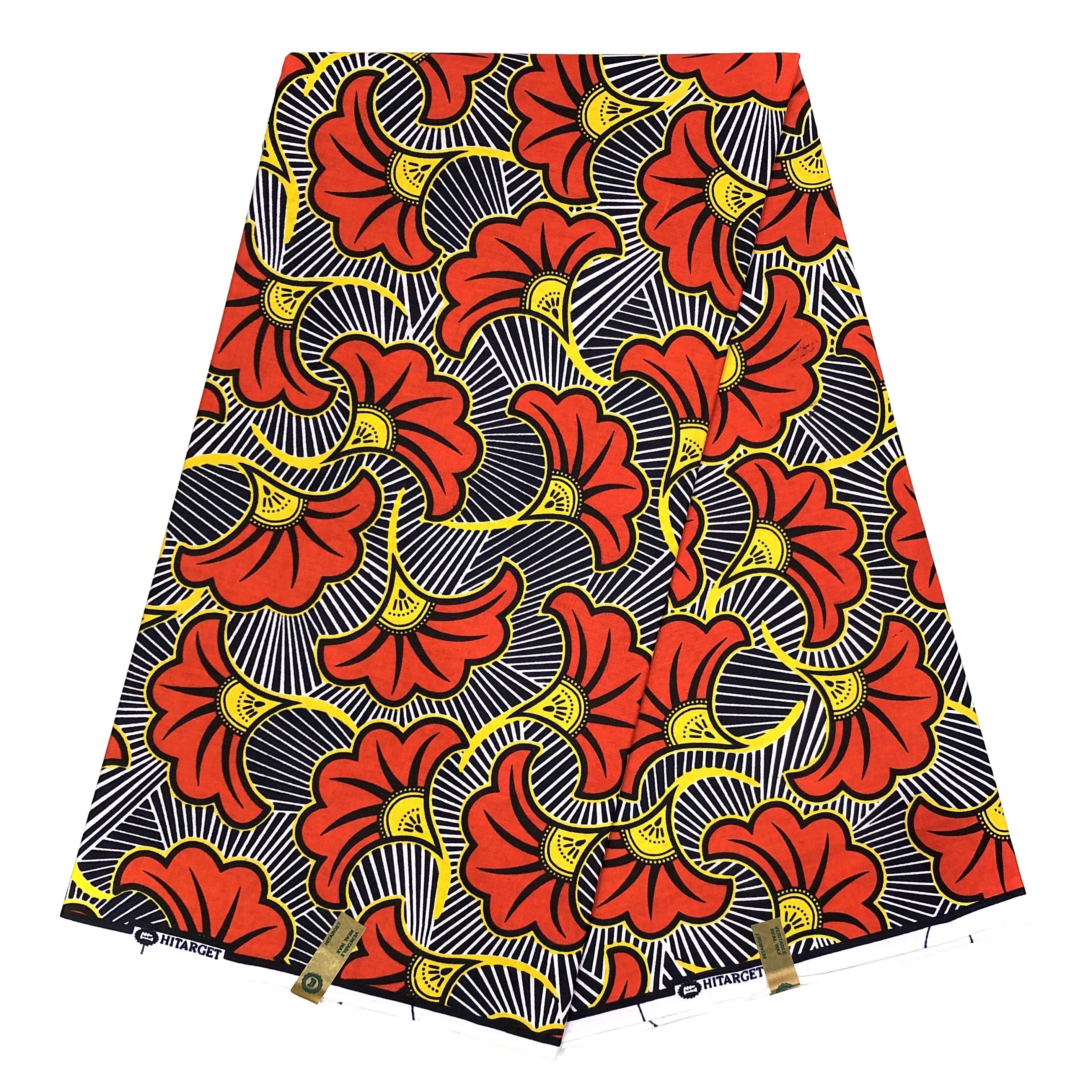 Wax Tissu Pagne Africain - Coupon 2 Yards 100% Coton - ORANGE / BLEU