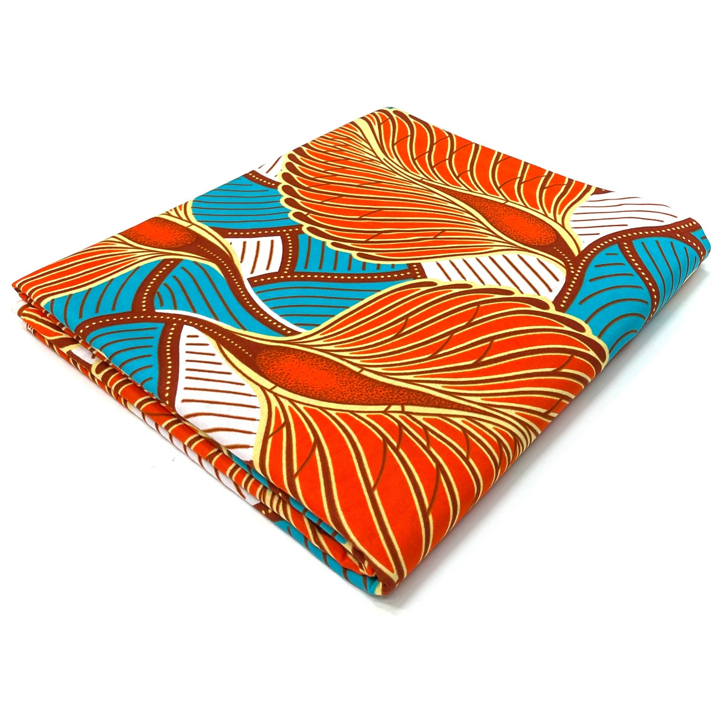 Wax Tissu Pagne Africain - Coupon 2 Yards 100% Coton - ORANGE / TURQUOISE