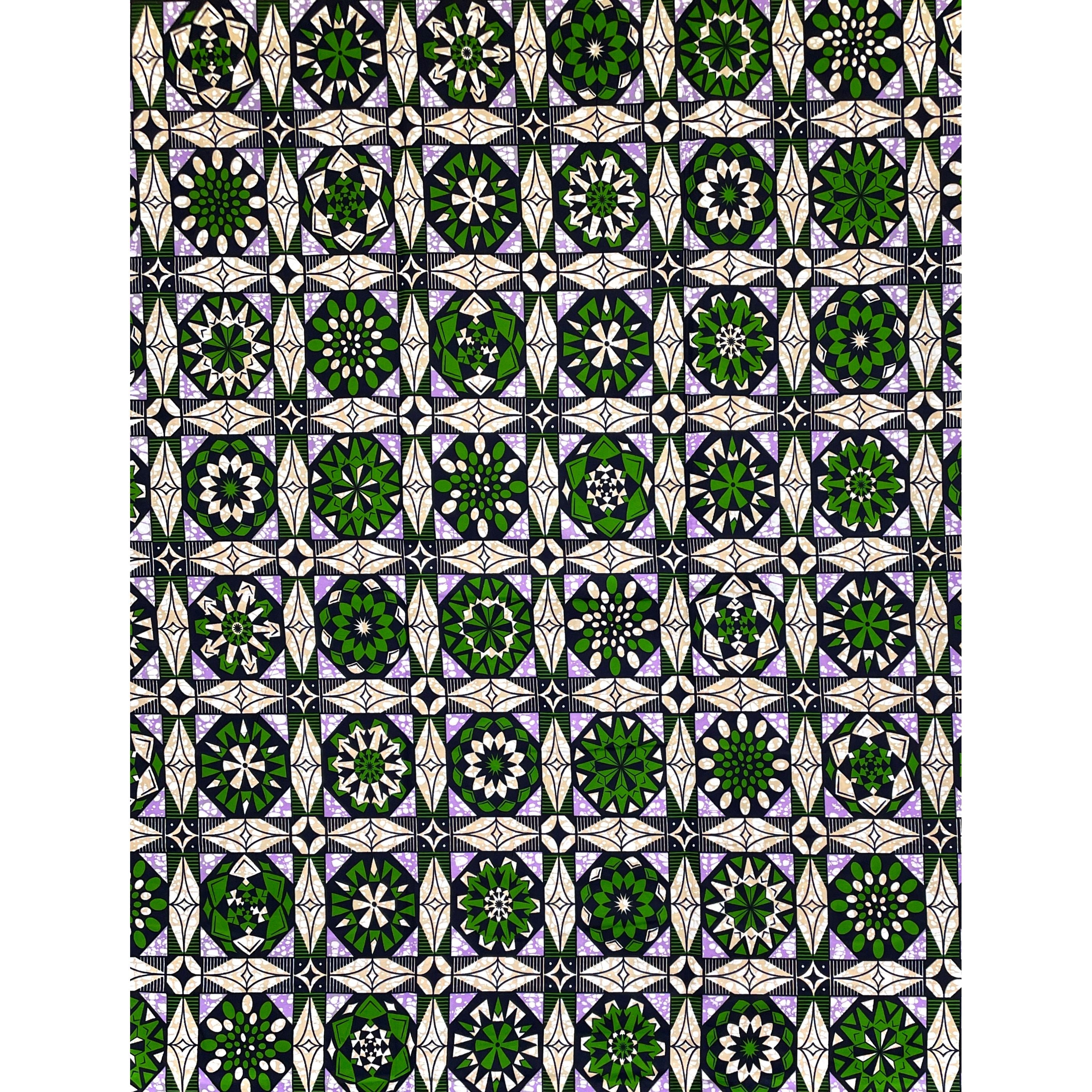 Tissu Wax Pagne Africain - 6 Yards 100% Coton - VERT / LILAS