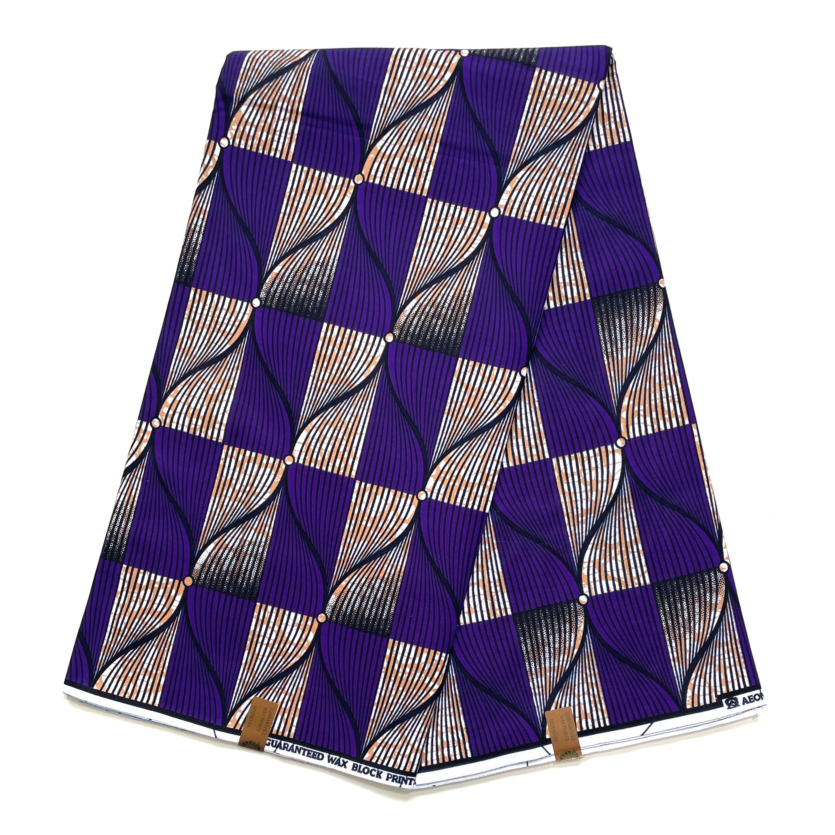 Tissu Wax Pagne Africain - 6 Yards 100% Coton - VIOLET / MARRON CLAIR