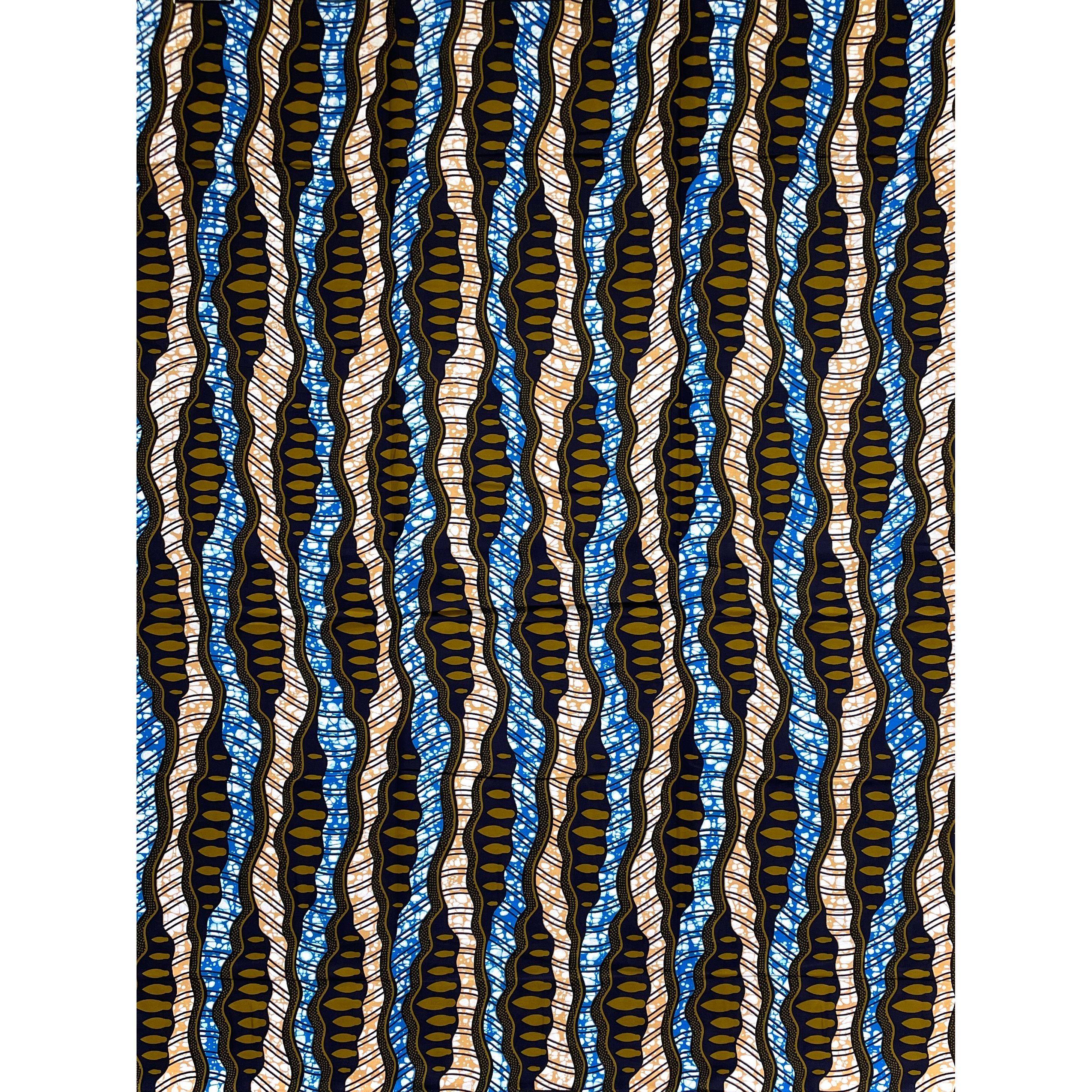 Tissu Wax Pagne Africain - 6 Yards 100% Coton - BLEU / KAKI