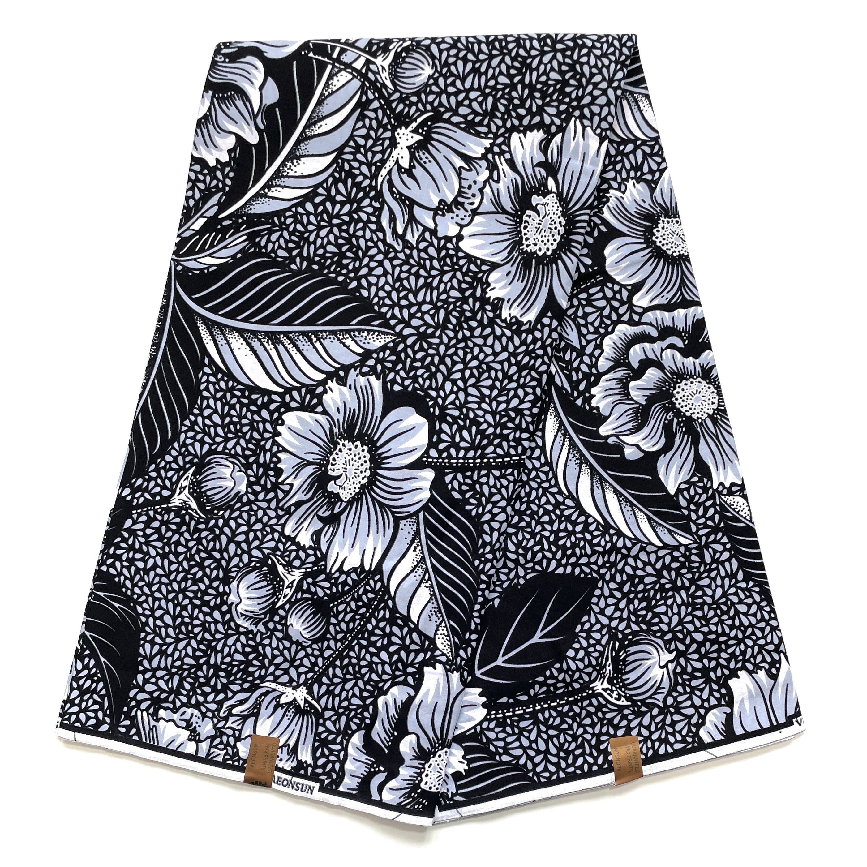 Tissu Wax Pagne Africain - 6 Yards 100% Coton - GRIS / NOIR / BLANC