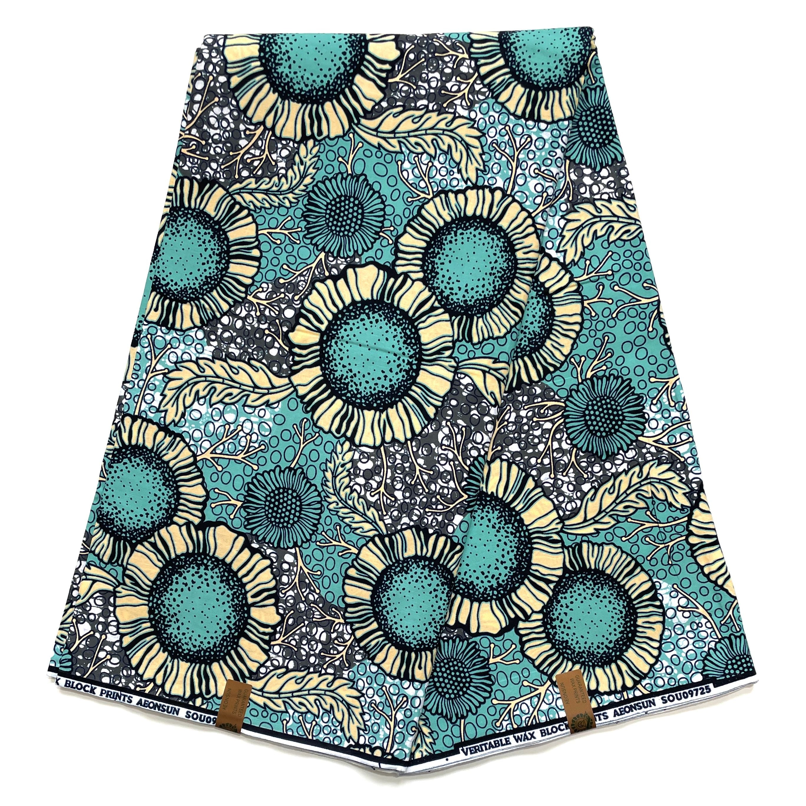 Tissu Wax Pagne Africain - 6 Yards 100% Coton - TURQUOISE / CRÈME