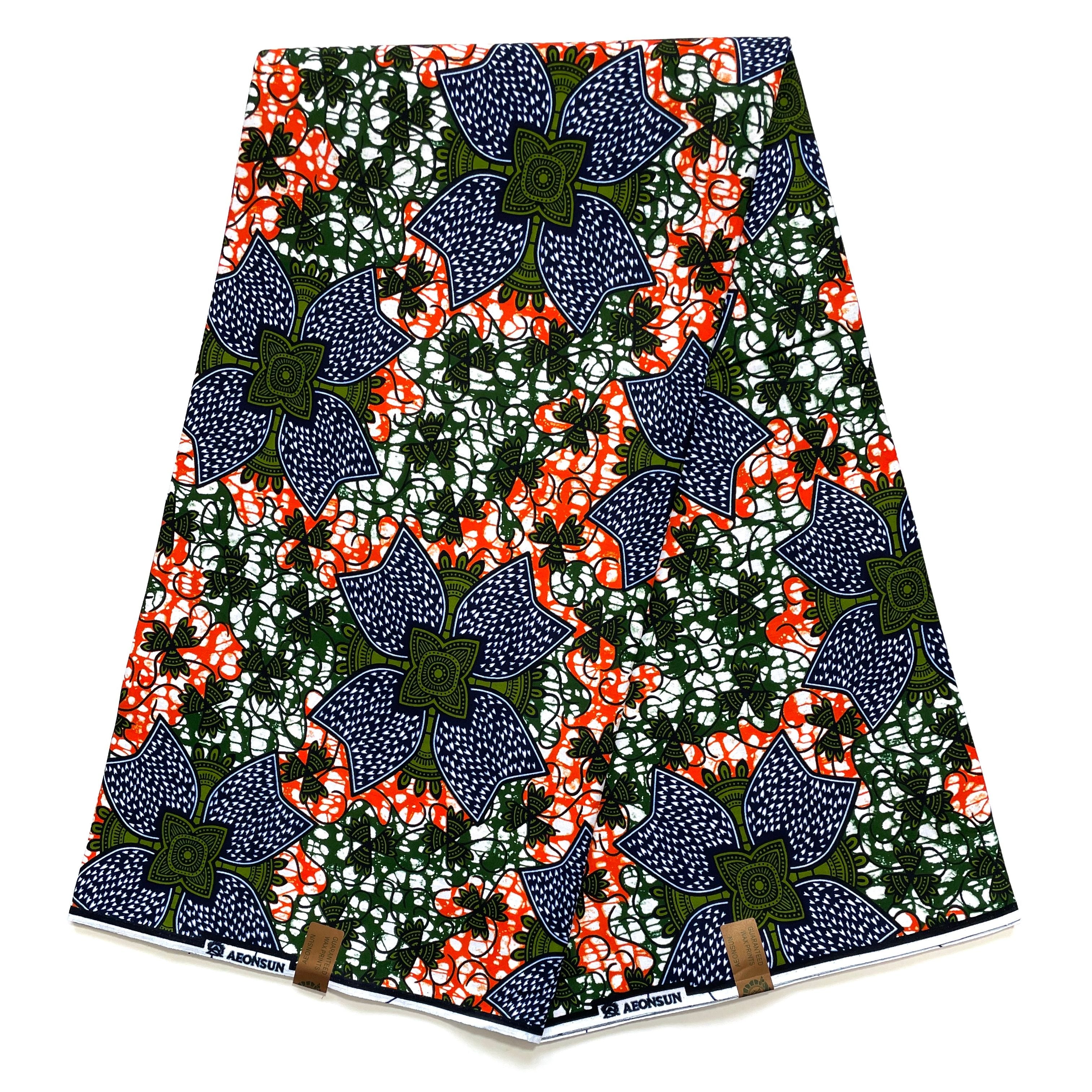 Tissu Wax Pagne Africain - 6 Yards 100% Coton - BLEU / ORANGE / VERT