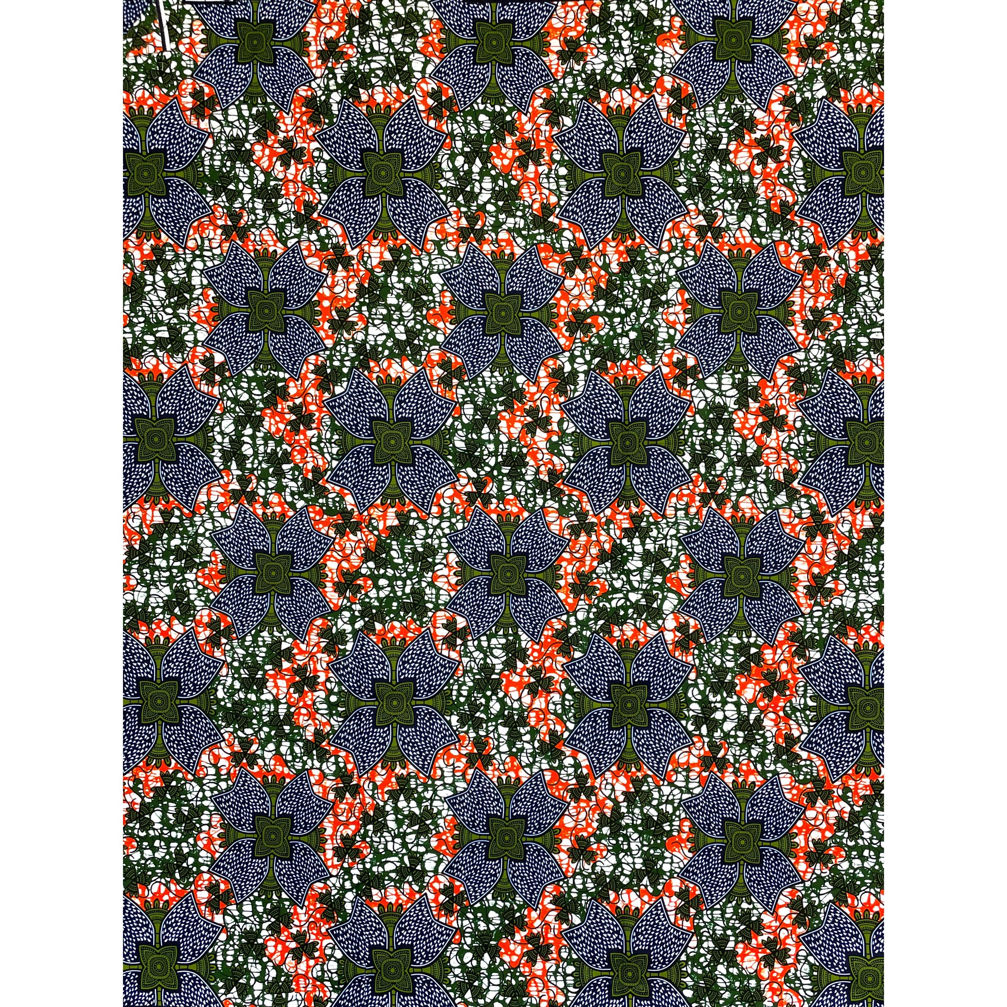 Tissu Wax Pagne Africain - 6 Yards 100% Coton - BLEU / ORANGE / VERT