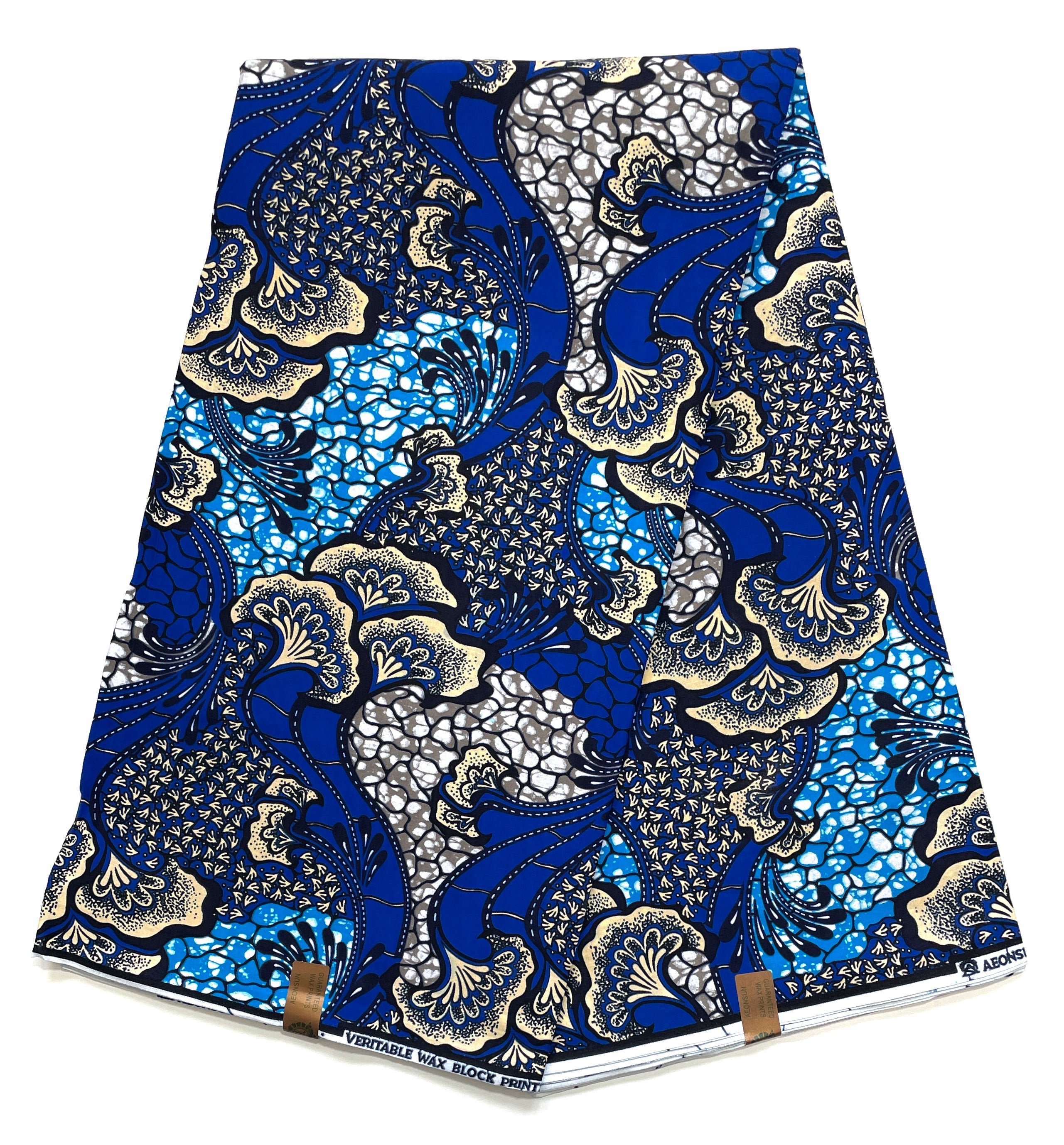 Tissu Wax Pagne Africain - 6 Yards 100% Coton - BLEU / CRÈME