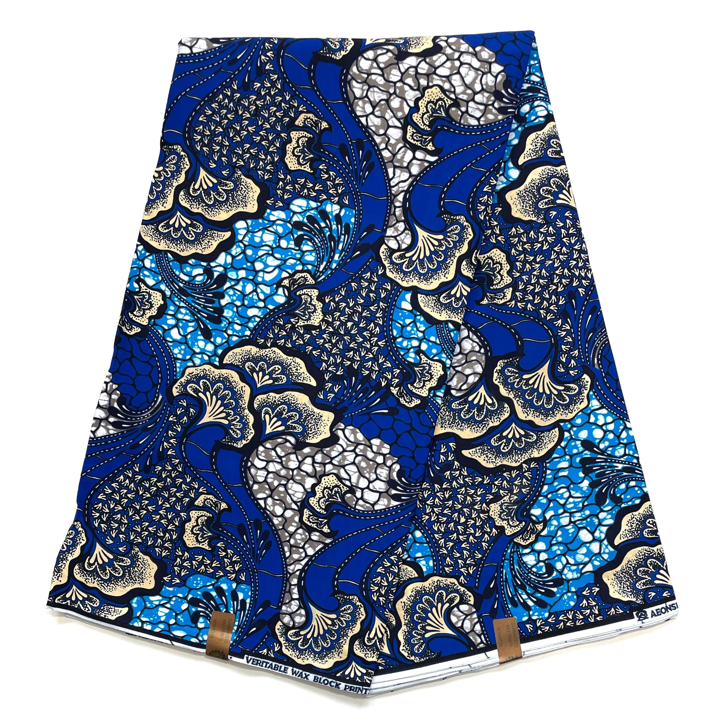 Tissu Wax Pagne Africain - 6 Yards 100% Coton - BLEU / CRÈME