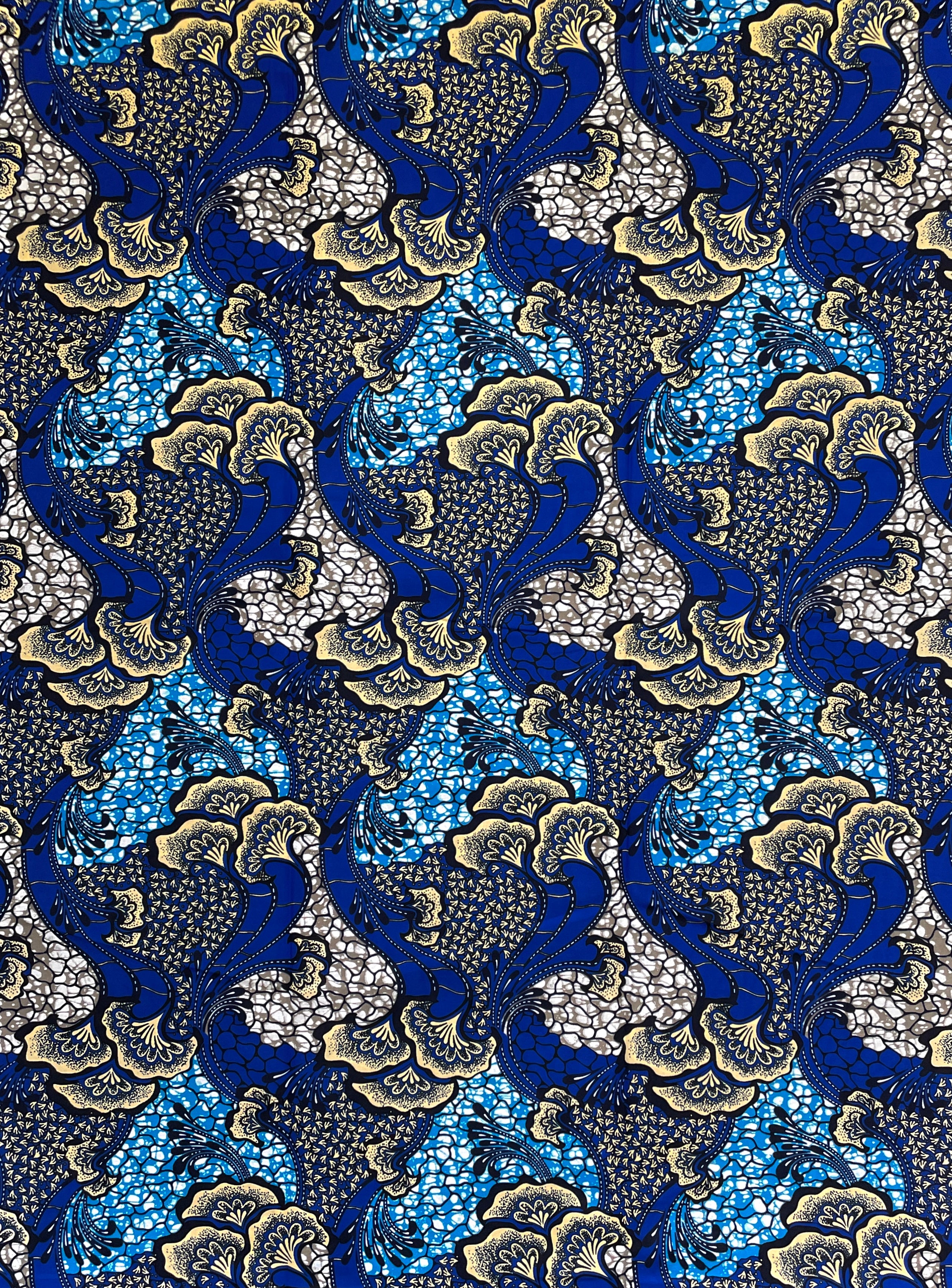 Tissu Wax Pagne Africain - 6 Yards 100% Coton - BLEU / CRÈME