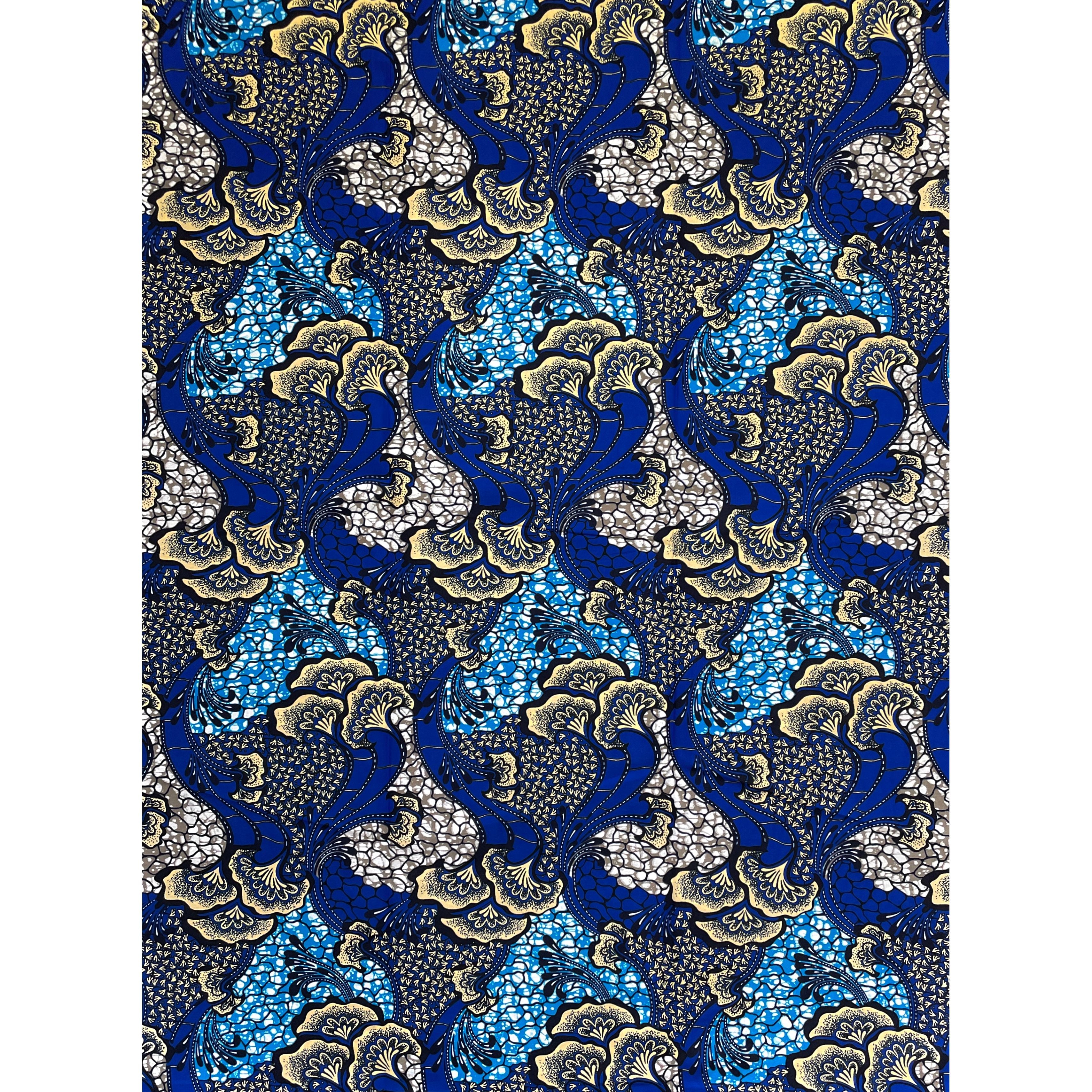 Tissu Wax Pagne Africain - 6 Yards 100% Coton - BLEU / CRÈME