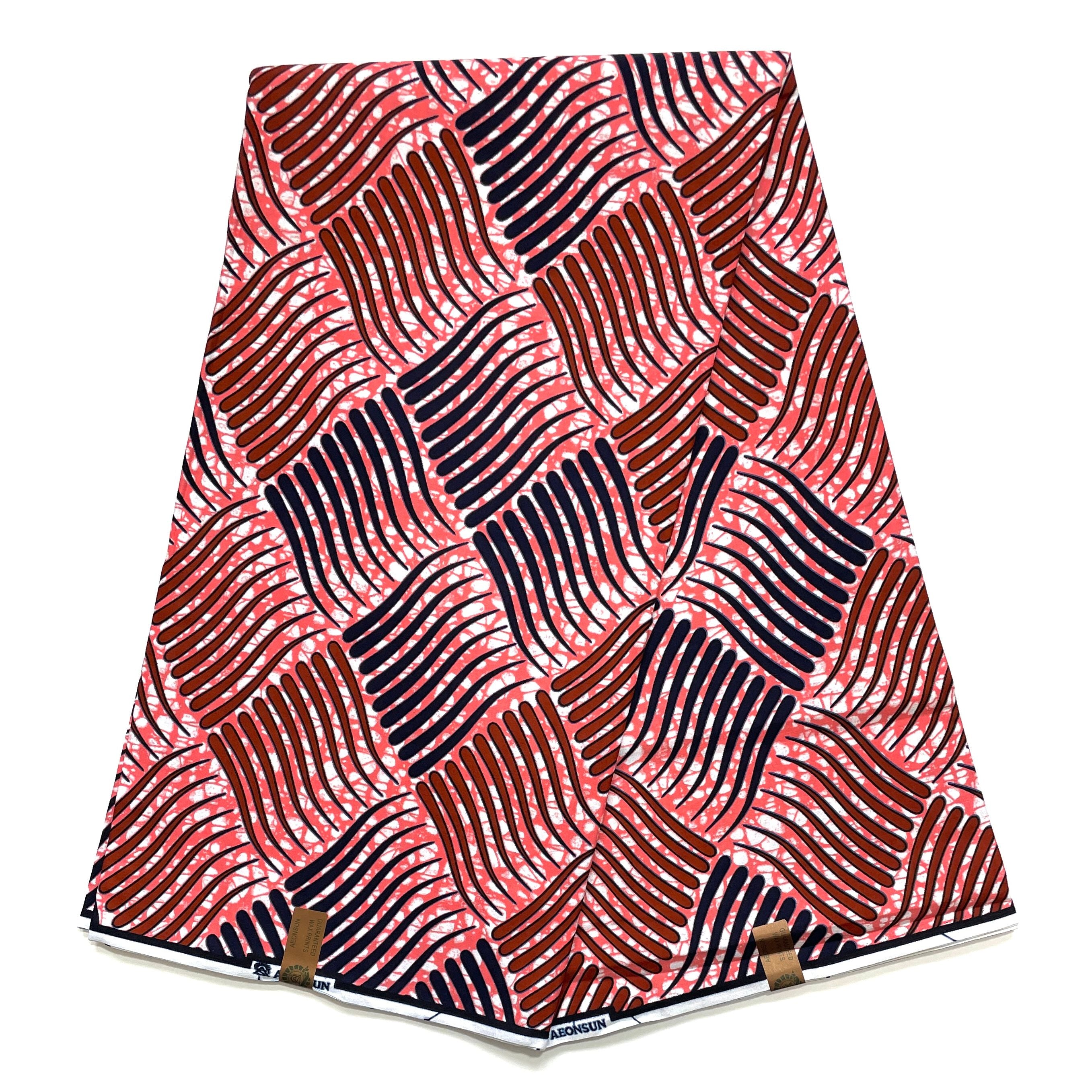 Tissu Wax Pagne Africain - 6 Yards 100% Coton - CORAIL / MARRON / BLEU FONCÉ