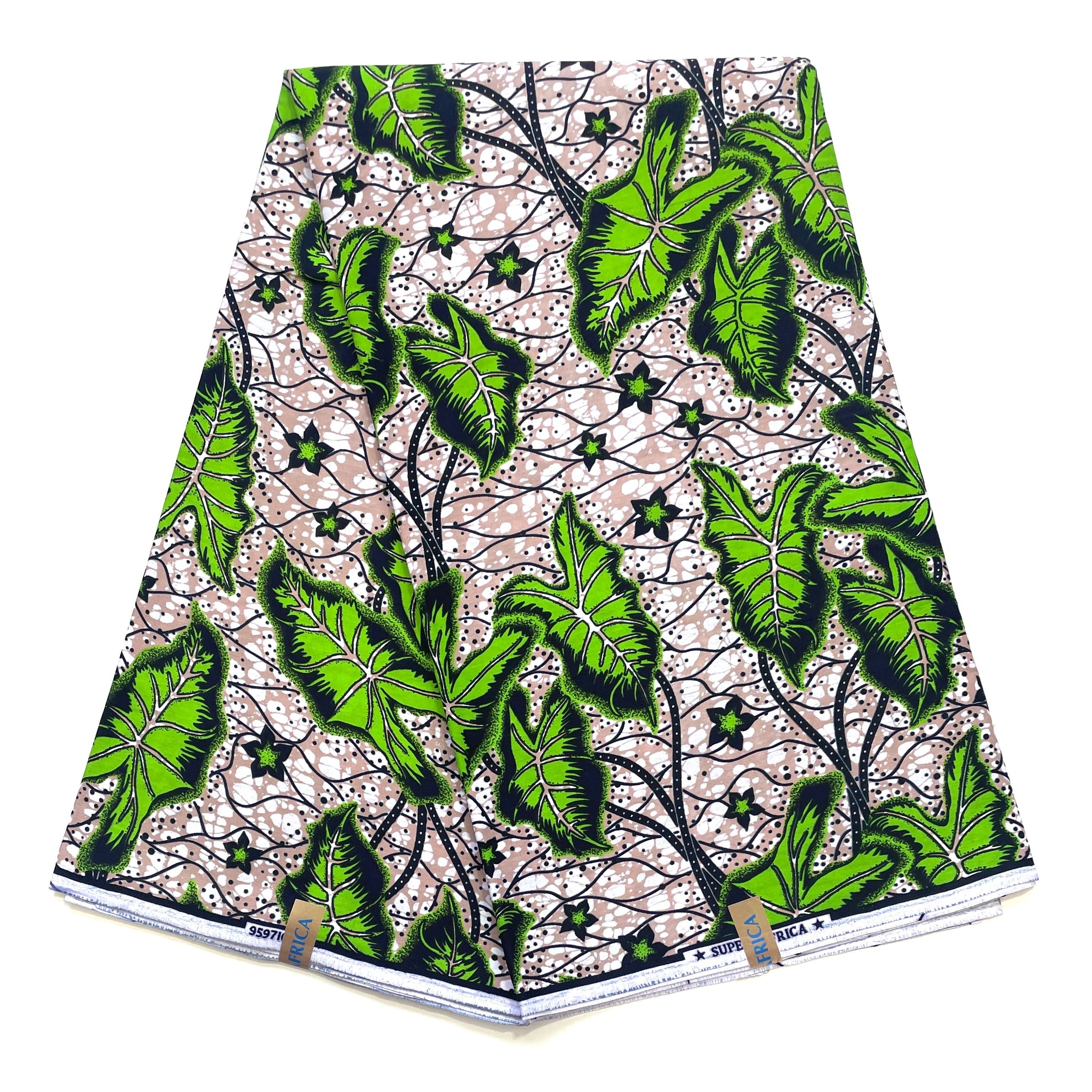 Wax Pagne Africain - Tissu 6 Yards 100% Coton - VERT / BEIGE