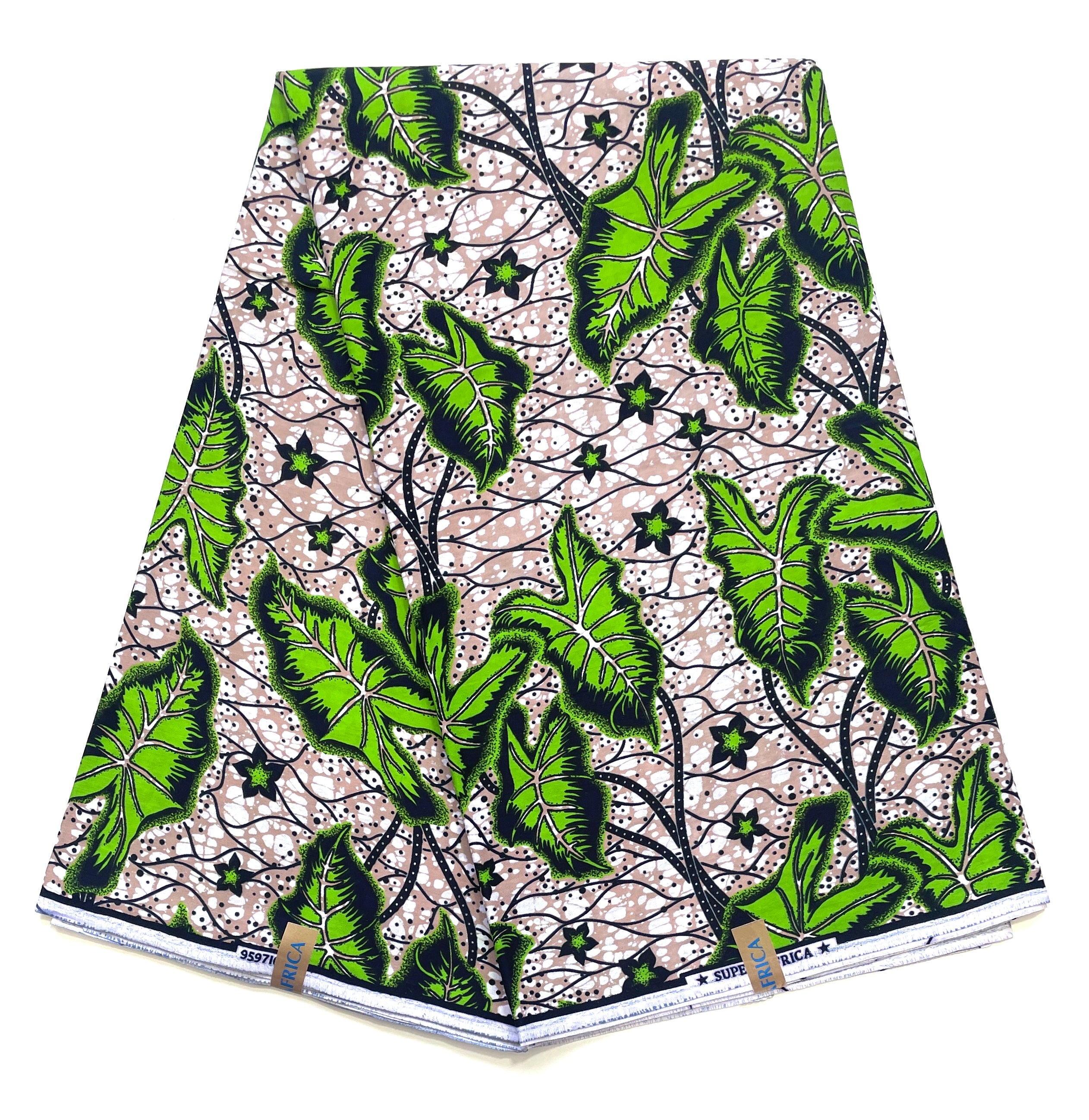 Wax Tissu Coupon 2 Yards - Pagne Africain 100% Coton - VERT / BEIGE