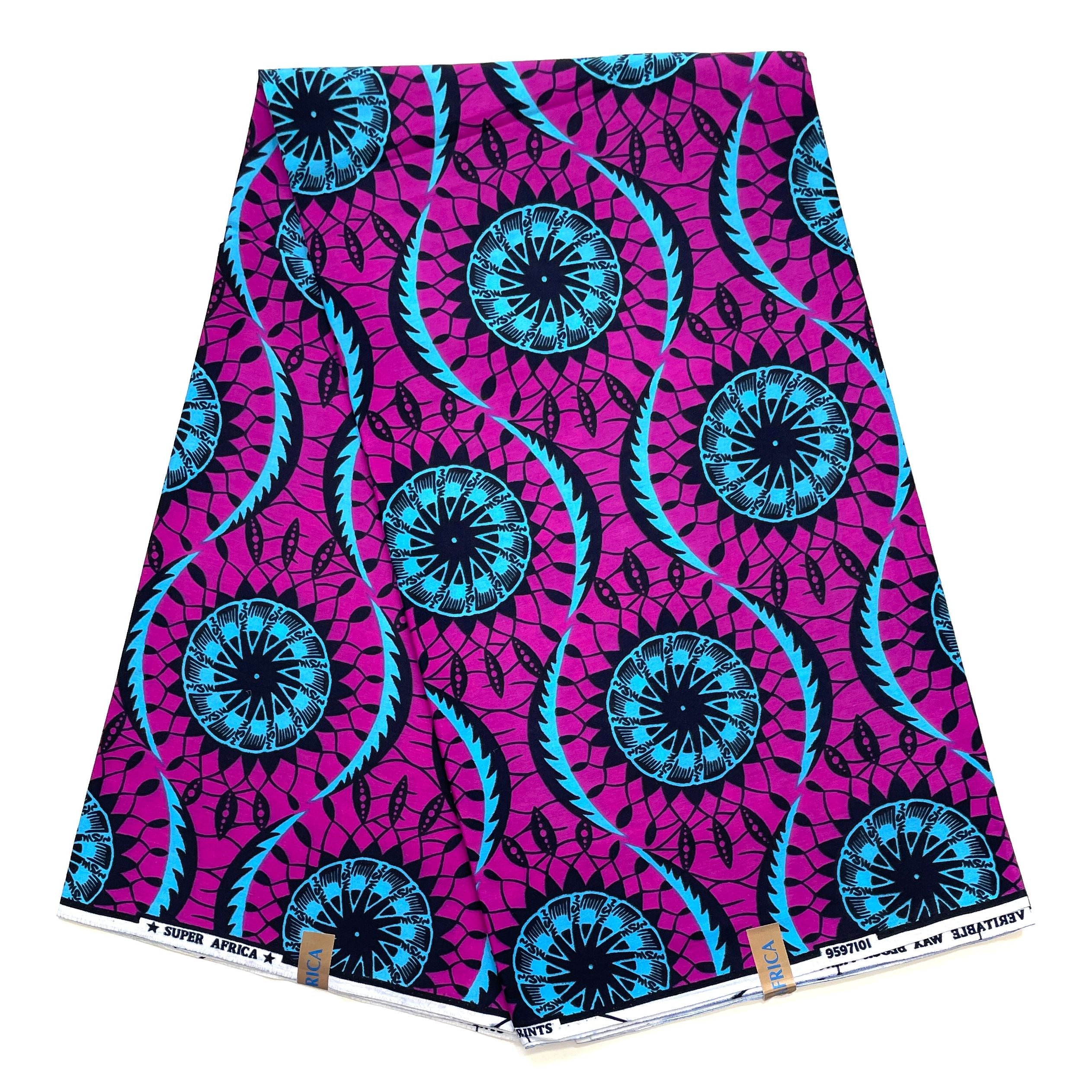 Wax Tissu Coupon 2 Yards - Pagne Africain 100% Coton - VIOLET / BLEU