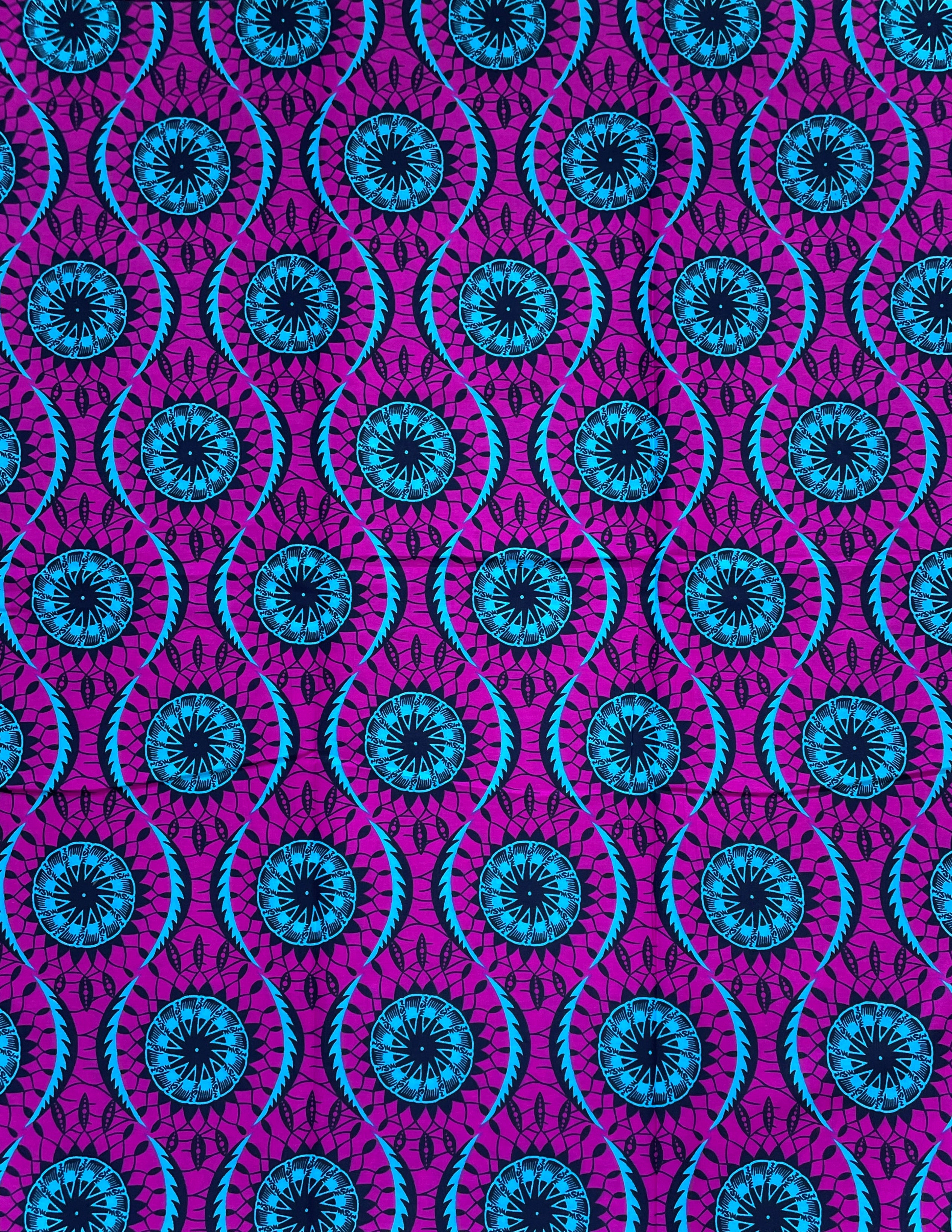 Wax Tissu Coupon 2 Yards - Pagne Africain 100% Coton - VIOLET / BLEU