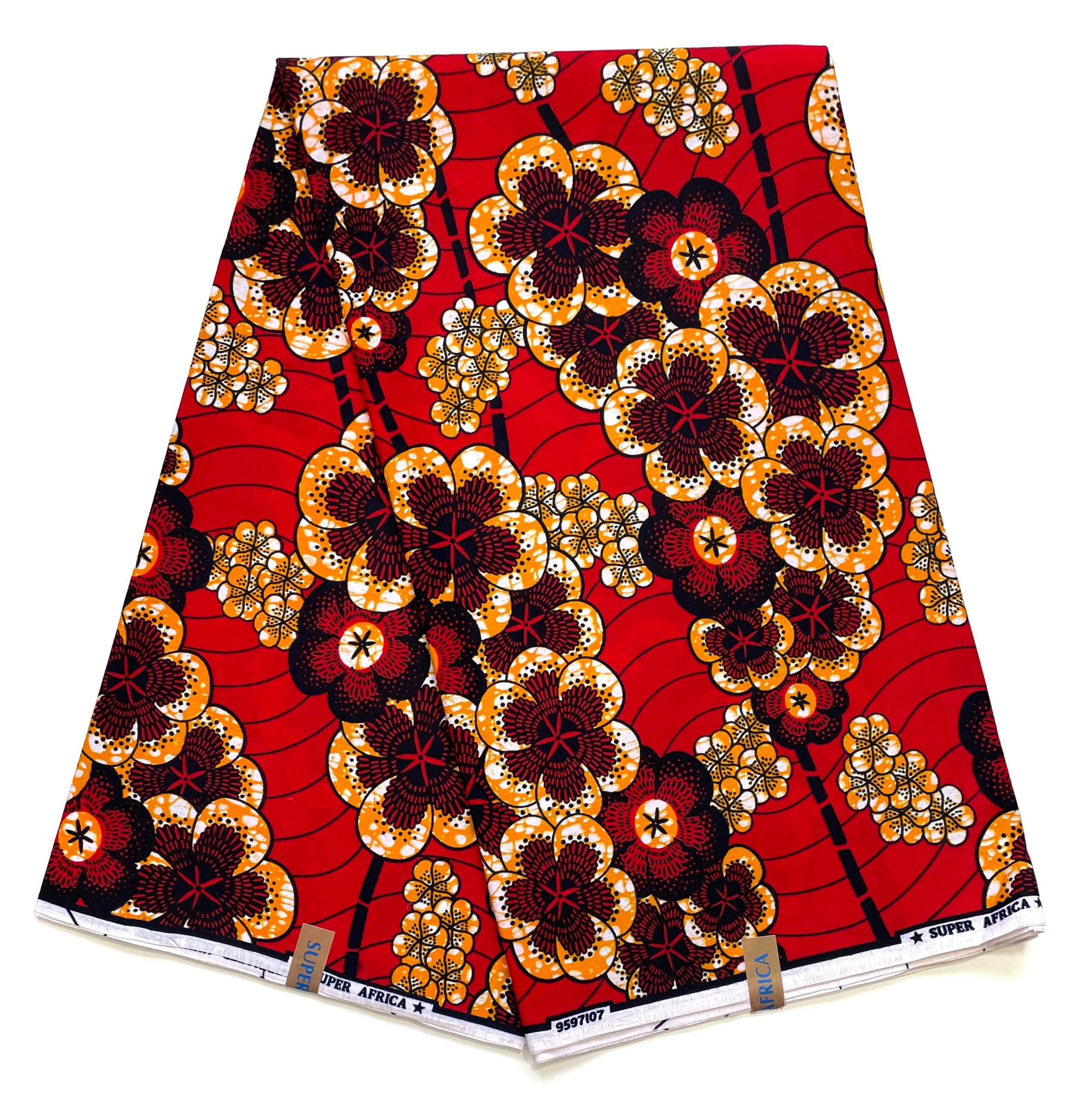 Wax Tissu Coupon 2 Yards - Pagne Africain 100% Coton - ROUGE / ORANGE