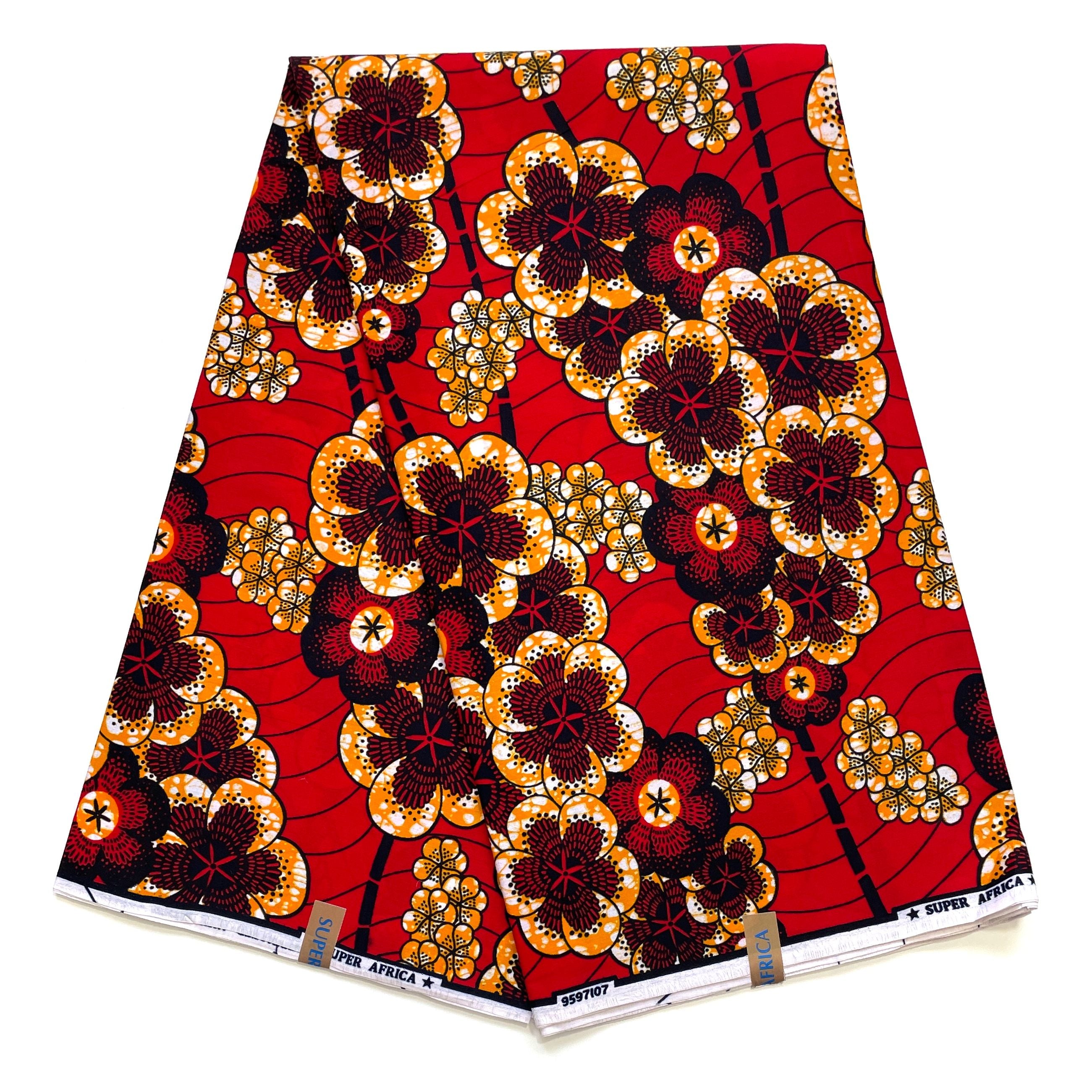 Wax Tissu Coupon 2 Yards - Pagne Africain 100% Coton - ROUGE / ORANGE