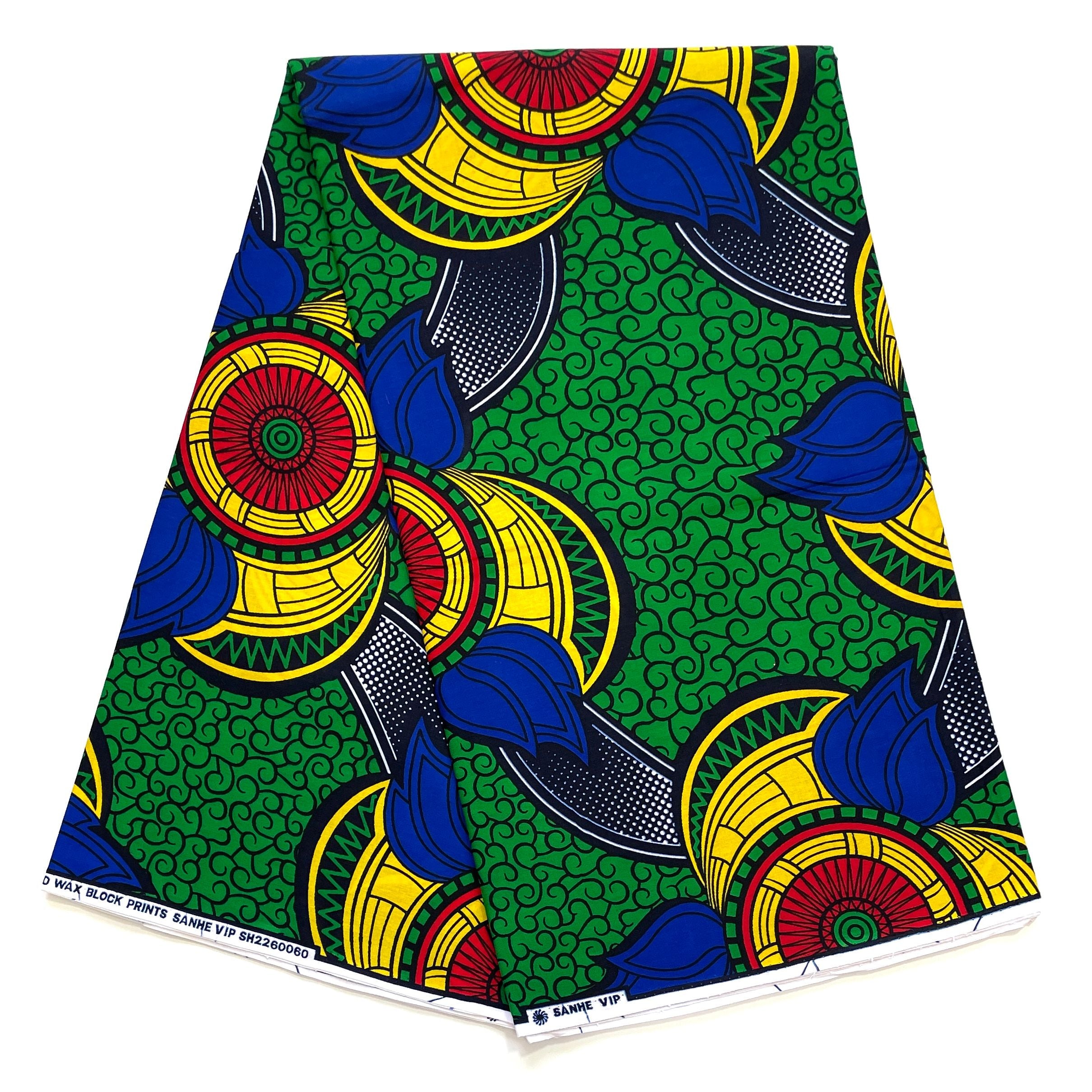 Wax Pagne Africain - Tissu 6 Yards 100% Coton - Fond VERT
