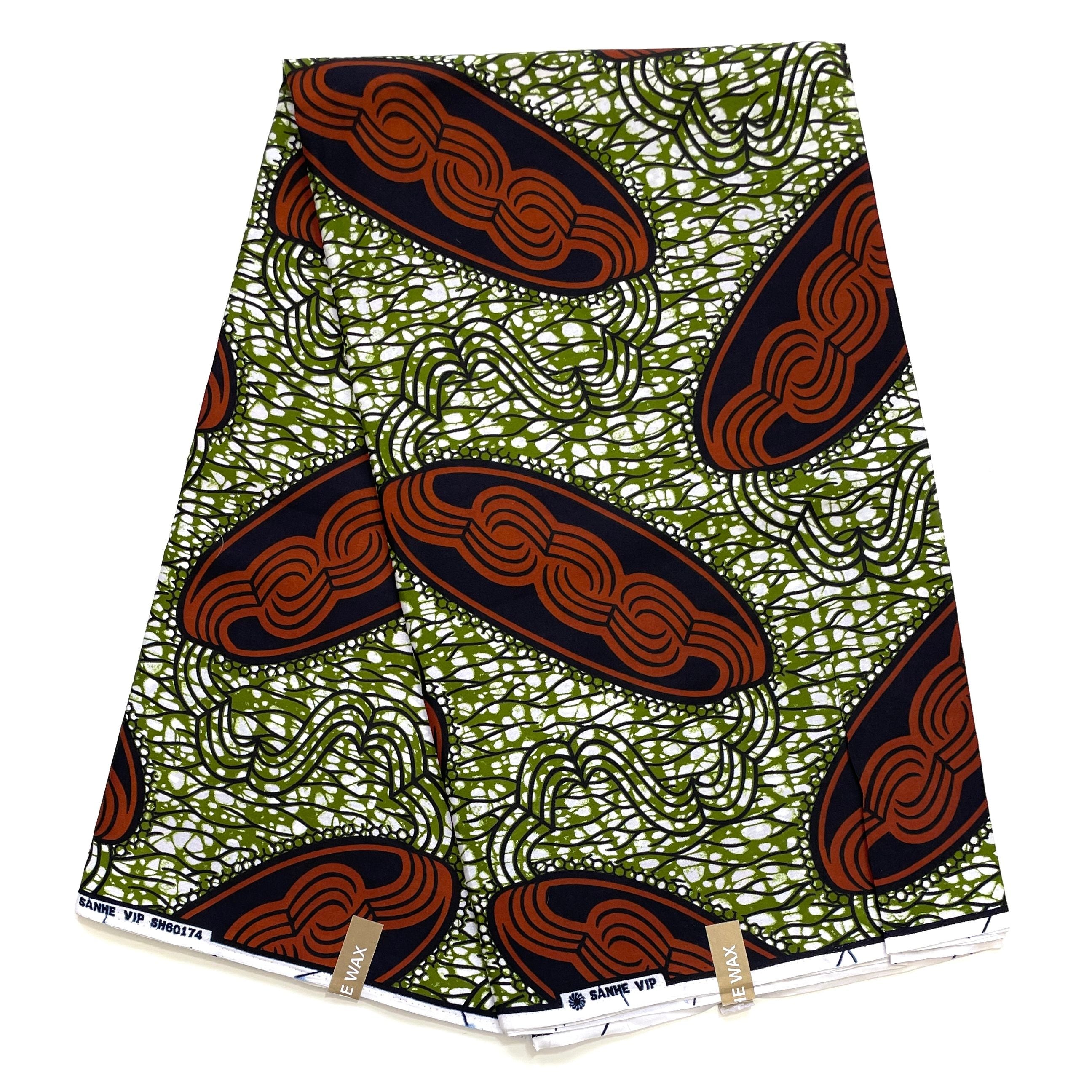Wax Pagne Africain - Tissu 6 Yards 100% Coton - MARRON / VERT