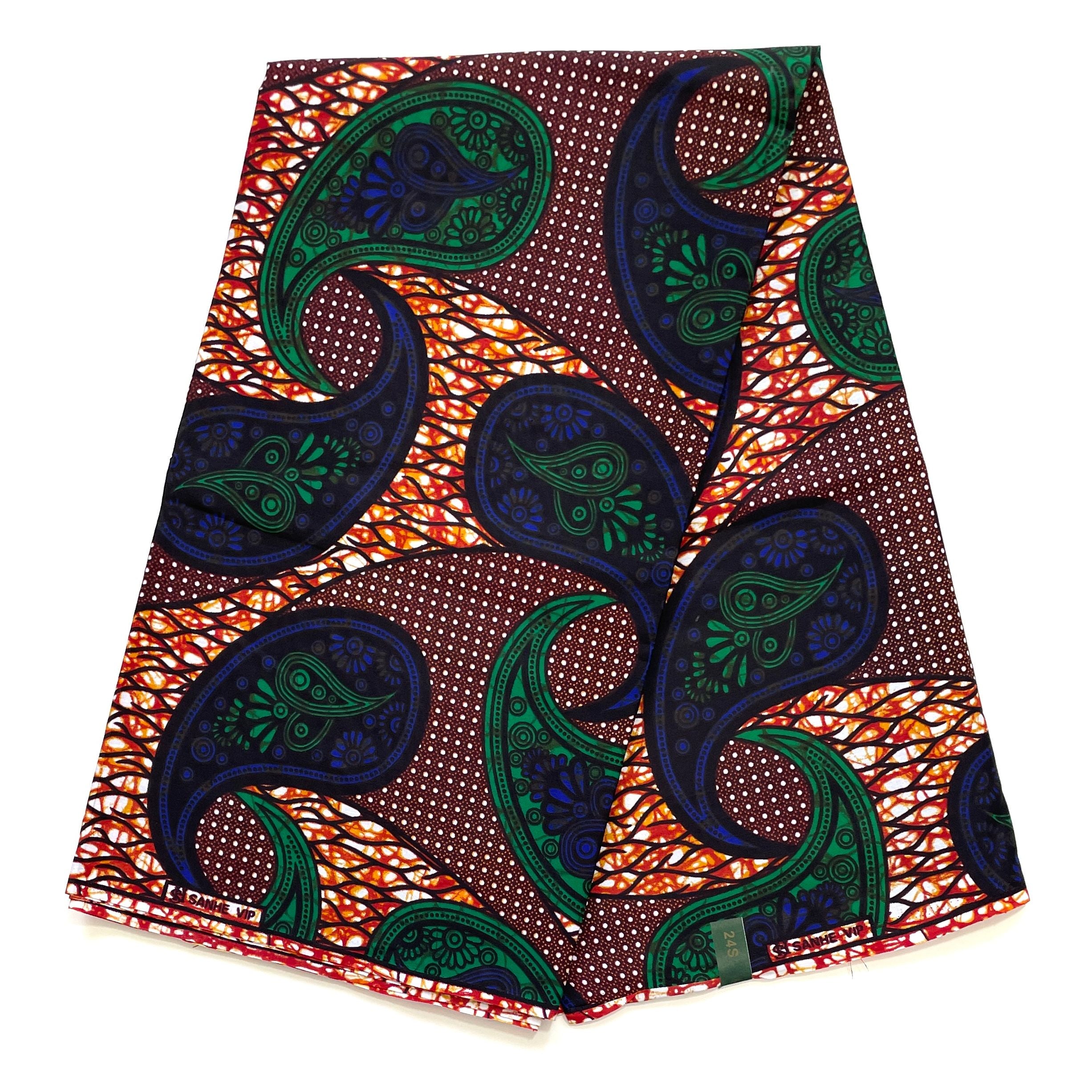 Wax Pagne Africain - Tissu 6 Yards 100% Coton - MARRON / BLEU / VERT
