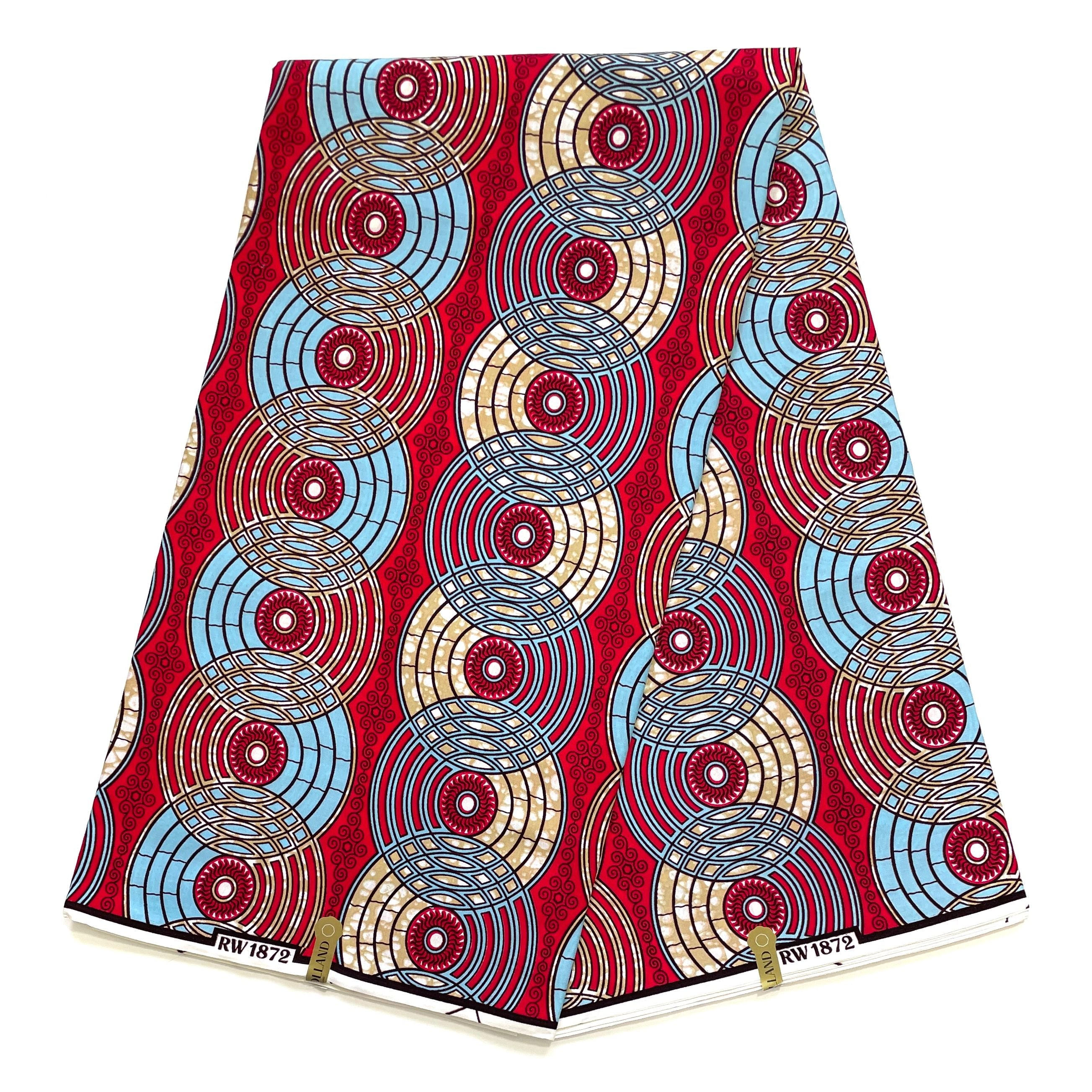 JULIUS HOLLAND WAX Block - Tissu Africain coton - Disques Rétro ROUGE / BLEU / BEIGE