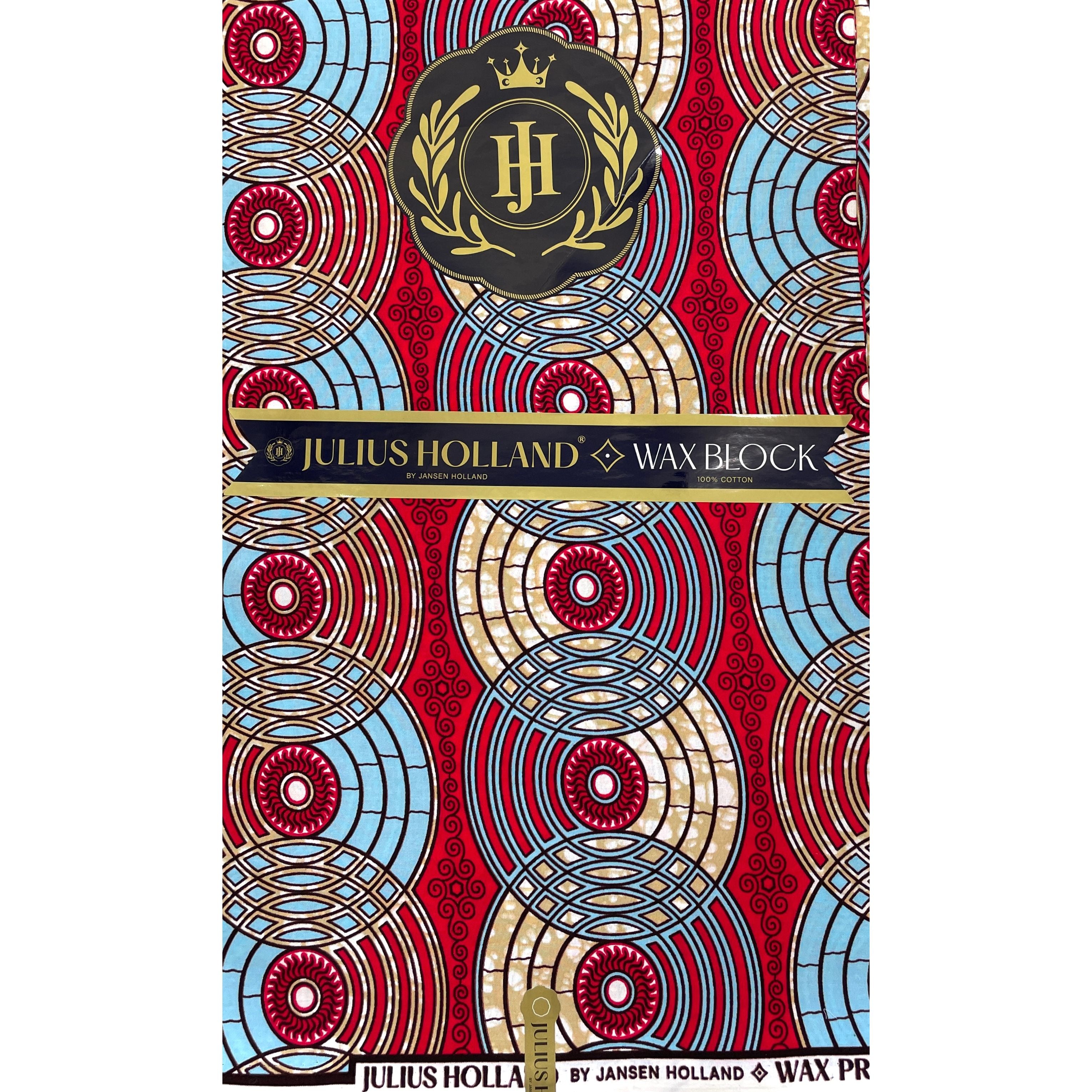 JULIUS HOLLAND WAX Block - Tissu Africain coton - Disques Rétro ROUGE / BLEU / BEIGE