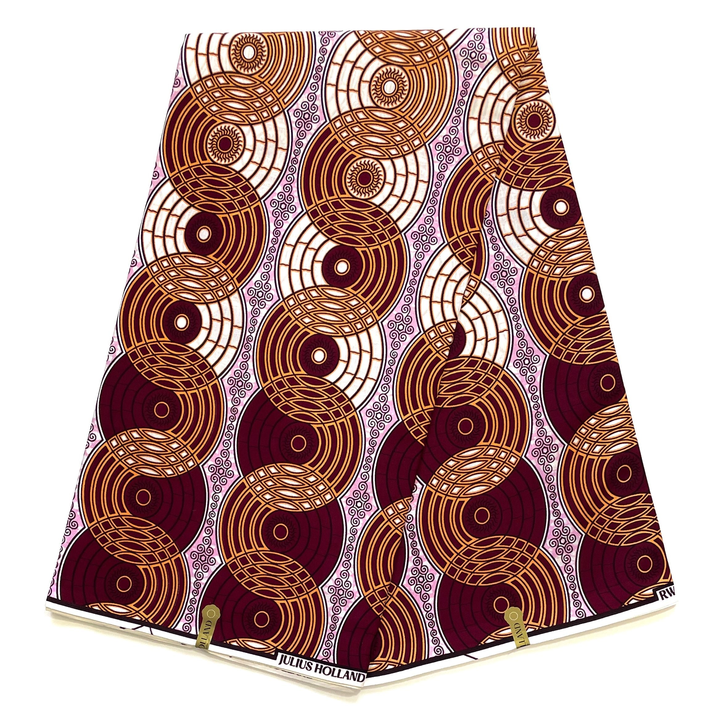 JULIUS HOLLAND WAX Block - Tissu Africain coton - Disques Rétro BORDEAUX / ORANGE CLAIR / ROSE