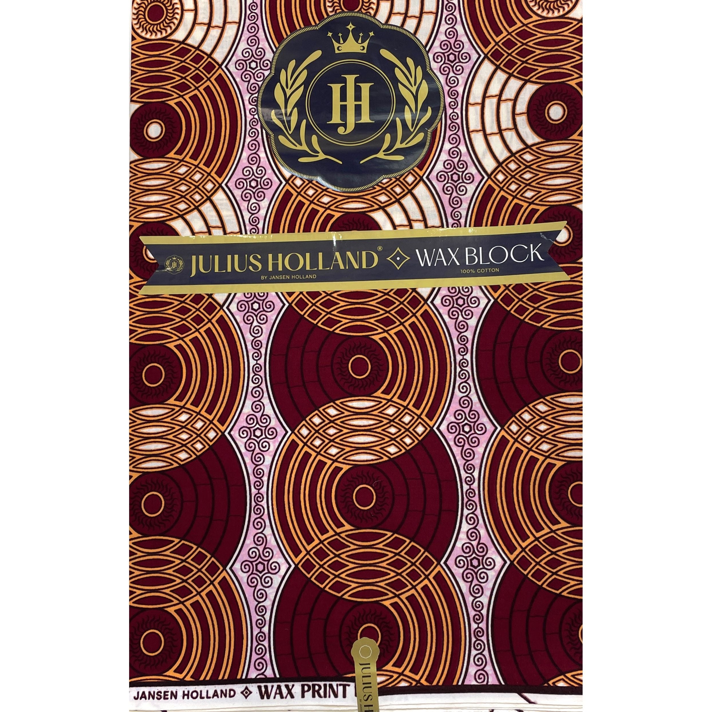 JULIUS HOLLAND WAX Block - Tissu Africain coton - Disques Rétro BORDEAUX / ORANGE CLAIR / ROSE