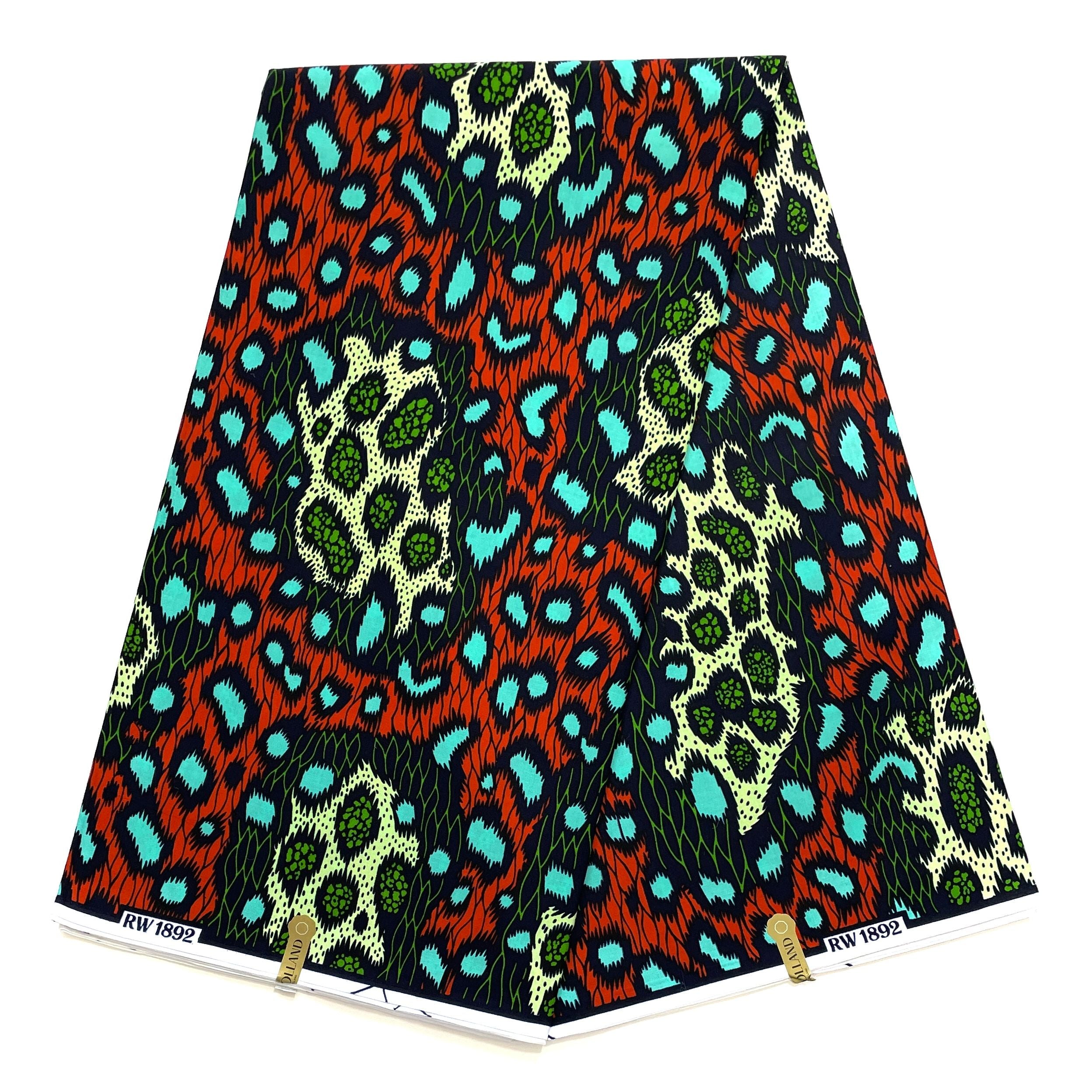 JULIUS HOLLAND WAX Block - Tissu Africain coton - Léopard ORANGE / VERT / TURQUOISE