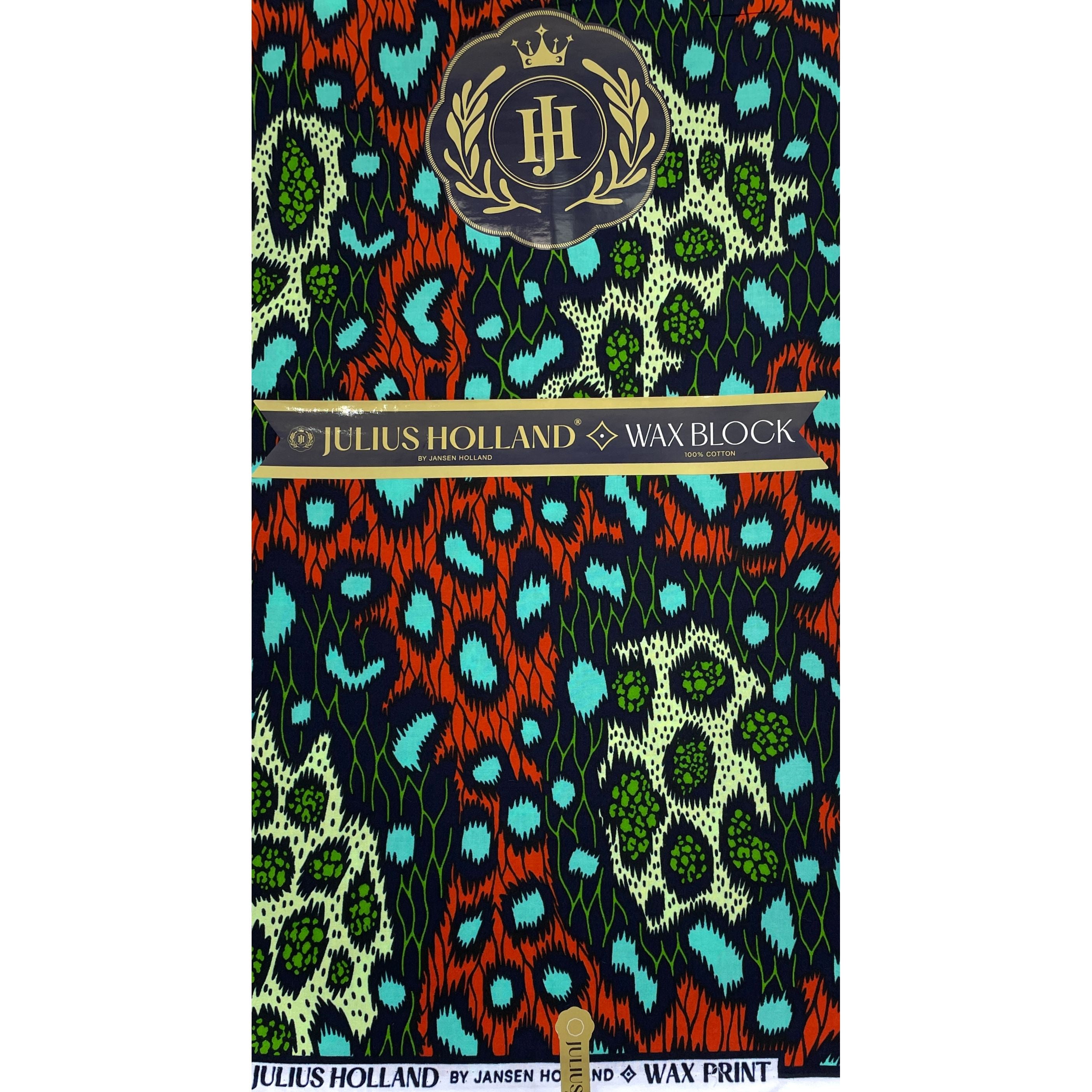 JULIUS HOLLAND WAX Block - Tissu Africain coton - Léopard ORANGE / VERT / TURQUOISE