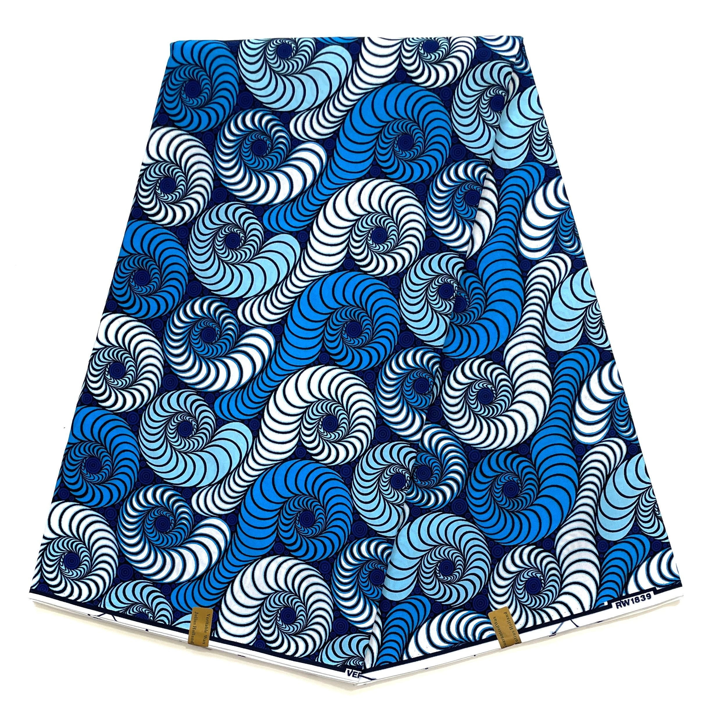 JULIUS HOLLAND WAX Block - Tissu Africain coton - Ver de mer BLEU / BLANC