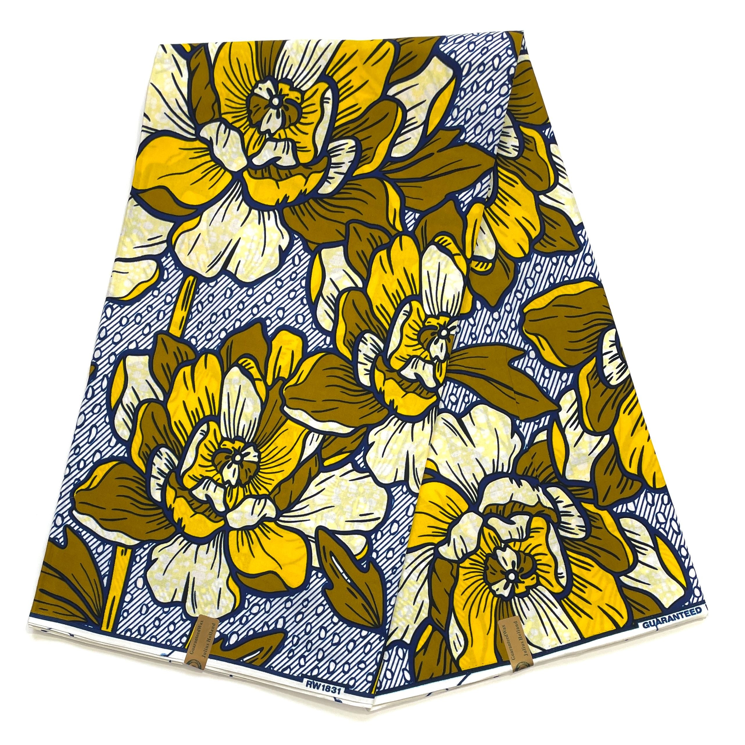 JULIUS HOLLAND WAX Block - Tissu Africain coton - Audace Fleurie JAUNE / KAKI / BLEU