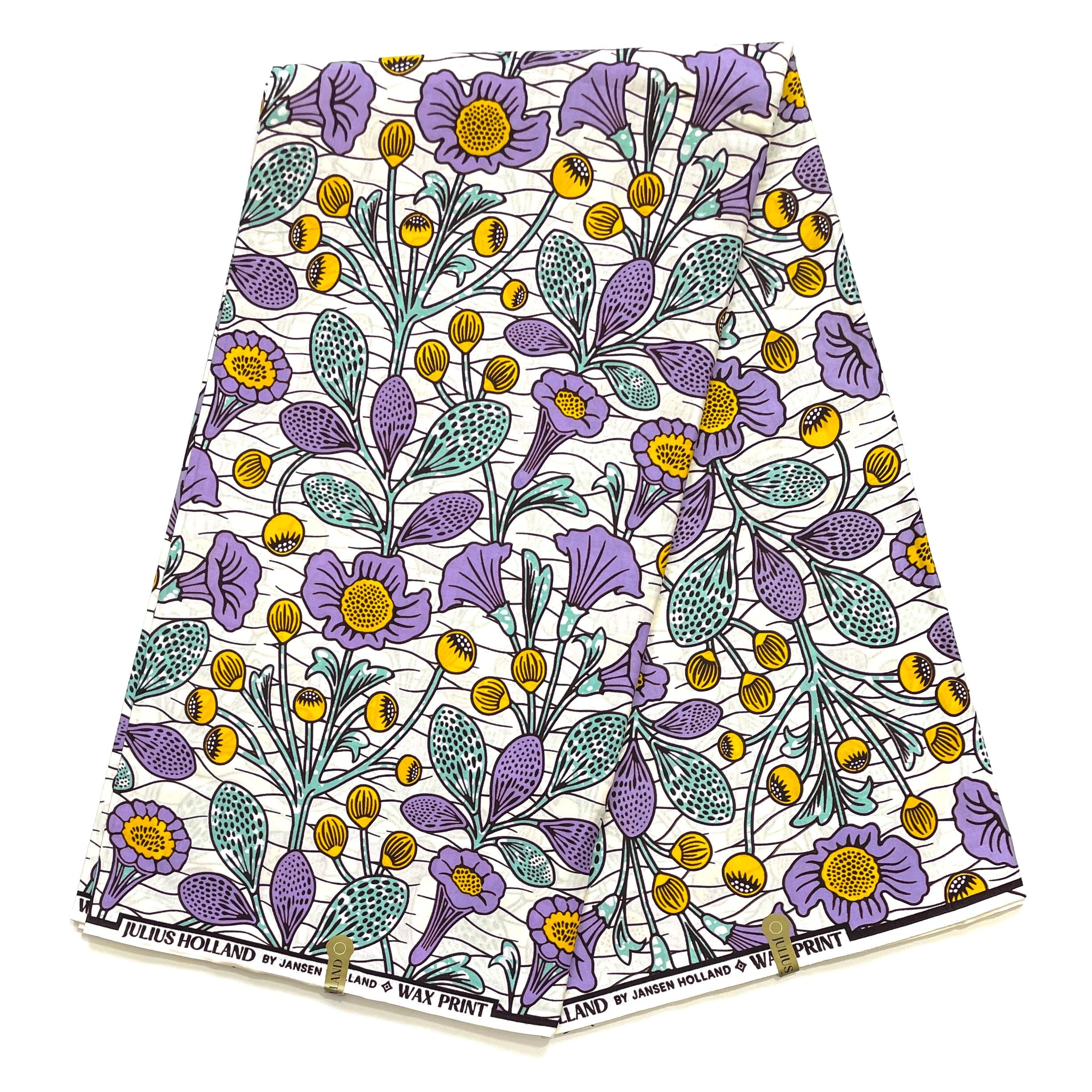 JULIUS HOLLAND WAX Block - Tissu Africain coton - Jardin Fleuri BLANC / MAUVE / JAUNE