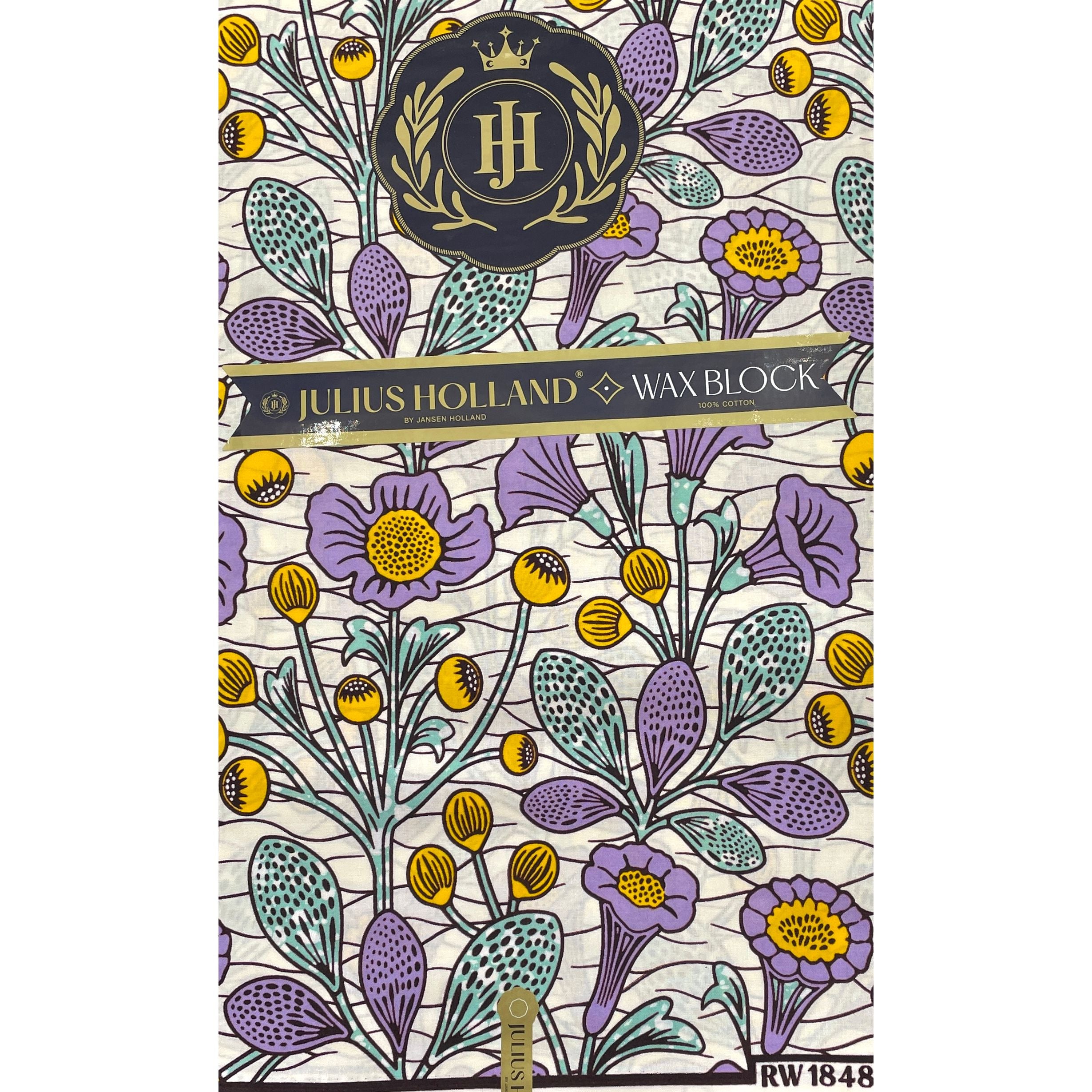 JULIUS HOLLAND WAX Block - Tissu Africain coton - Jardin Fleuri BLANC / MAUVE / JAUNE
