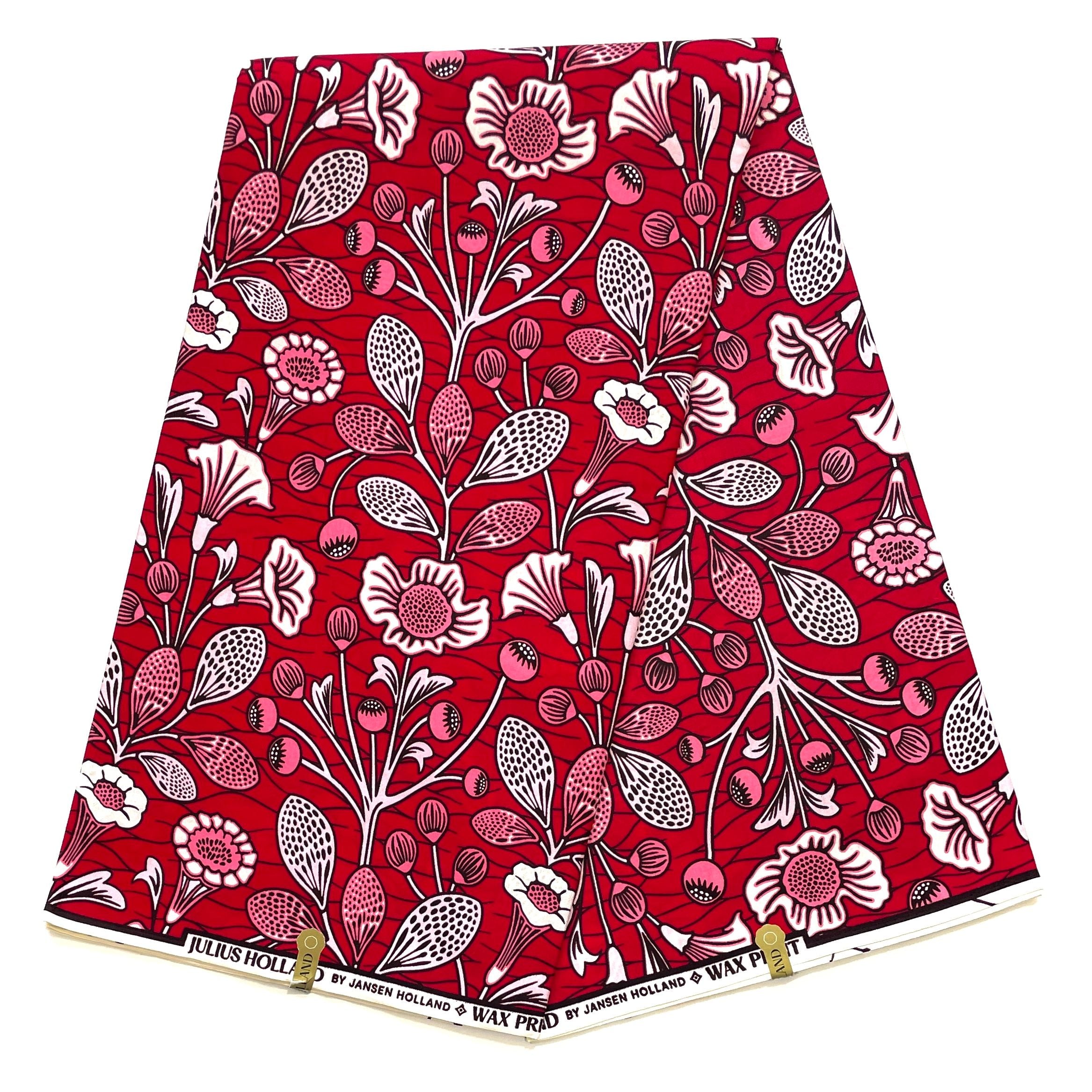 JULIUS HOLLAND WAX Block - Tissu Africain coton - Jardin Fleuri ROUGE / ROSE / BLANC