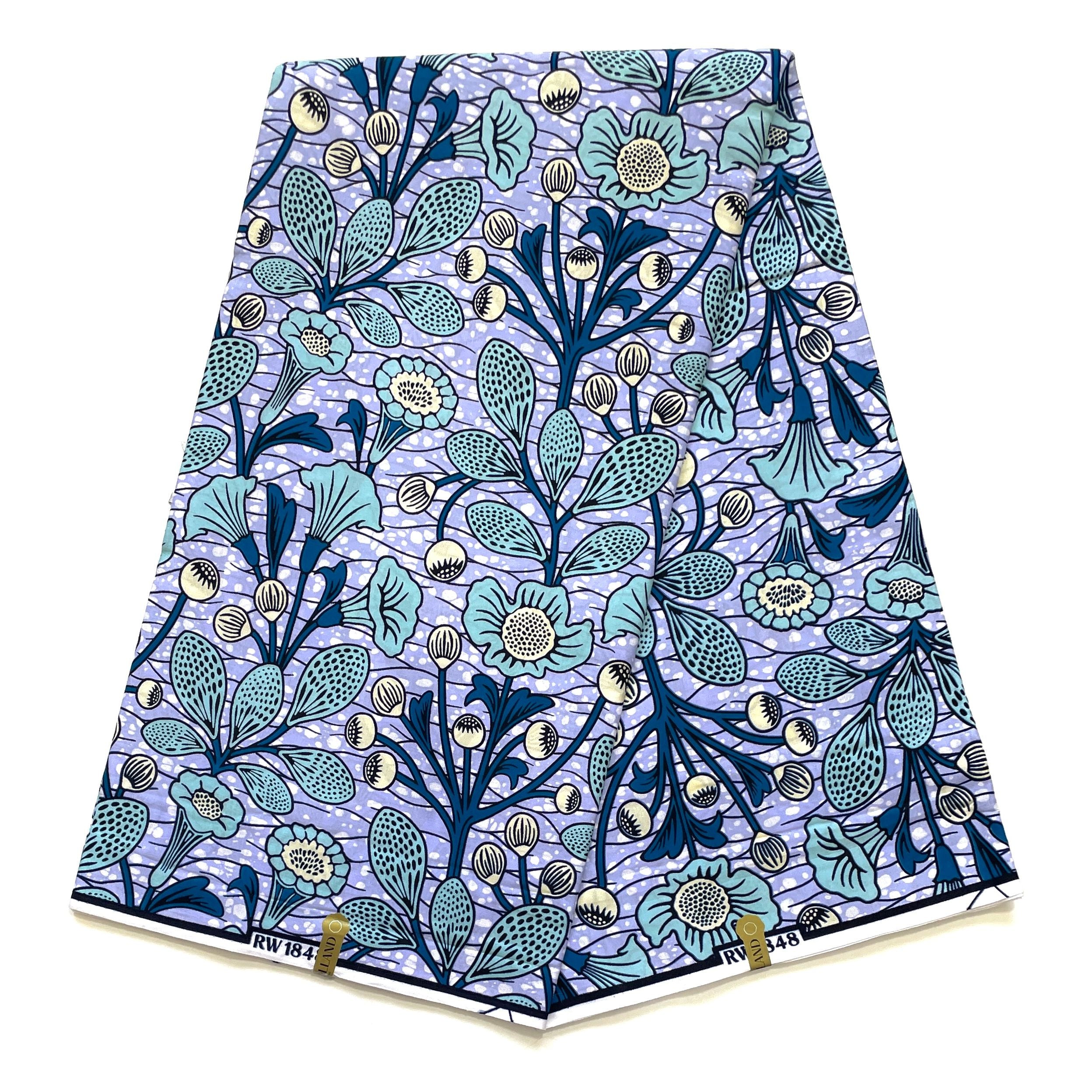 JULIUS HOLLAND WAX Block - Tissu Africain coton - Jardin Fleuri MAUVE / BLEU / BEIGE