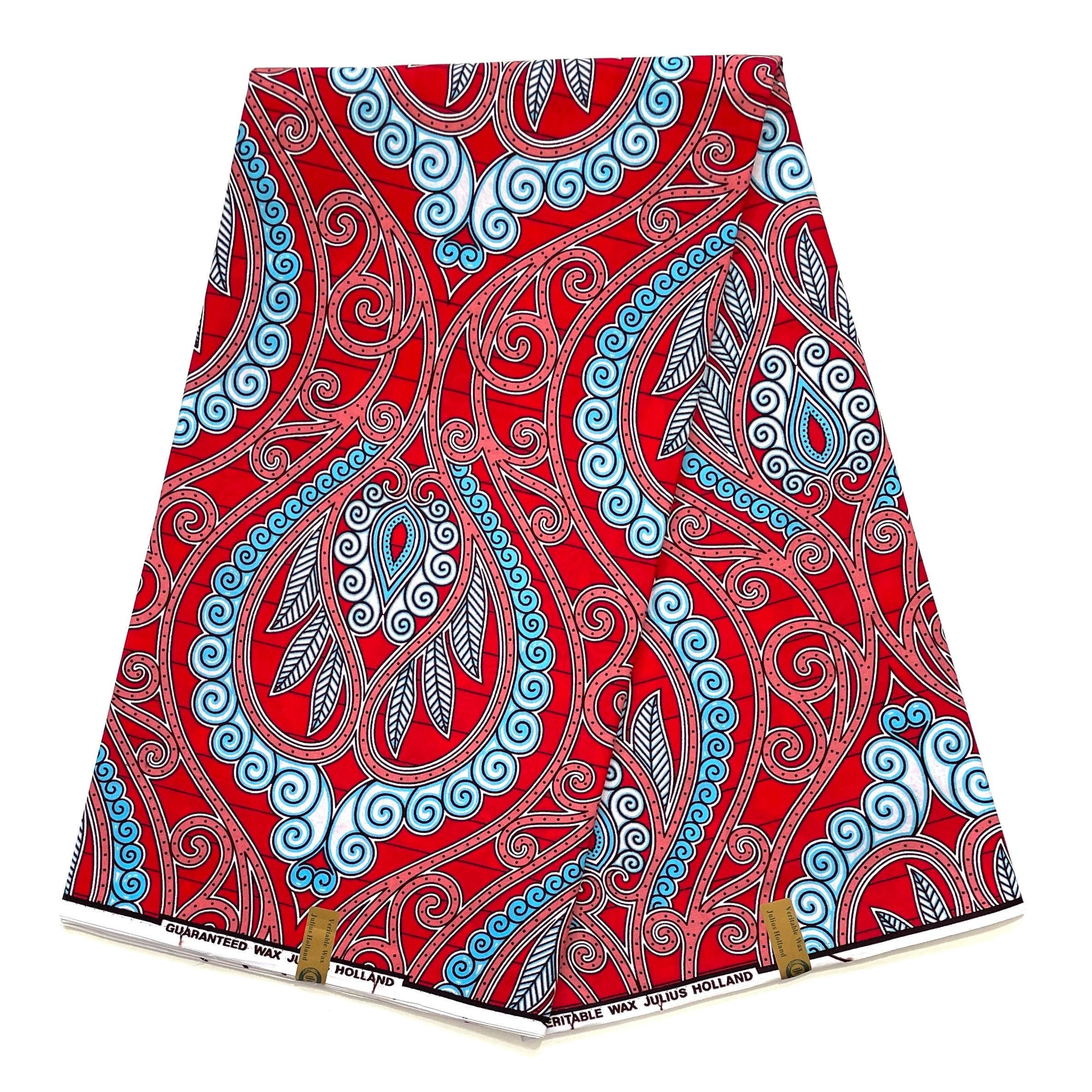 JULIUS HOLLAND WAX Block - Tissu Africain coton - Fleurs Vintage ROUGE / BLEU