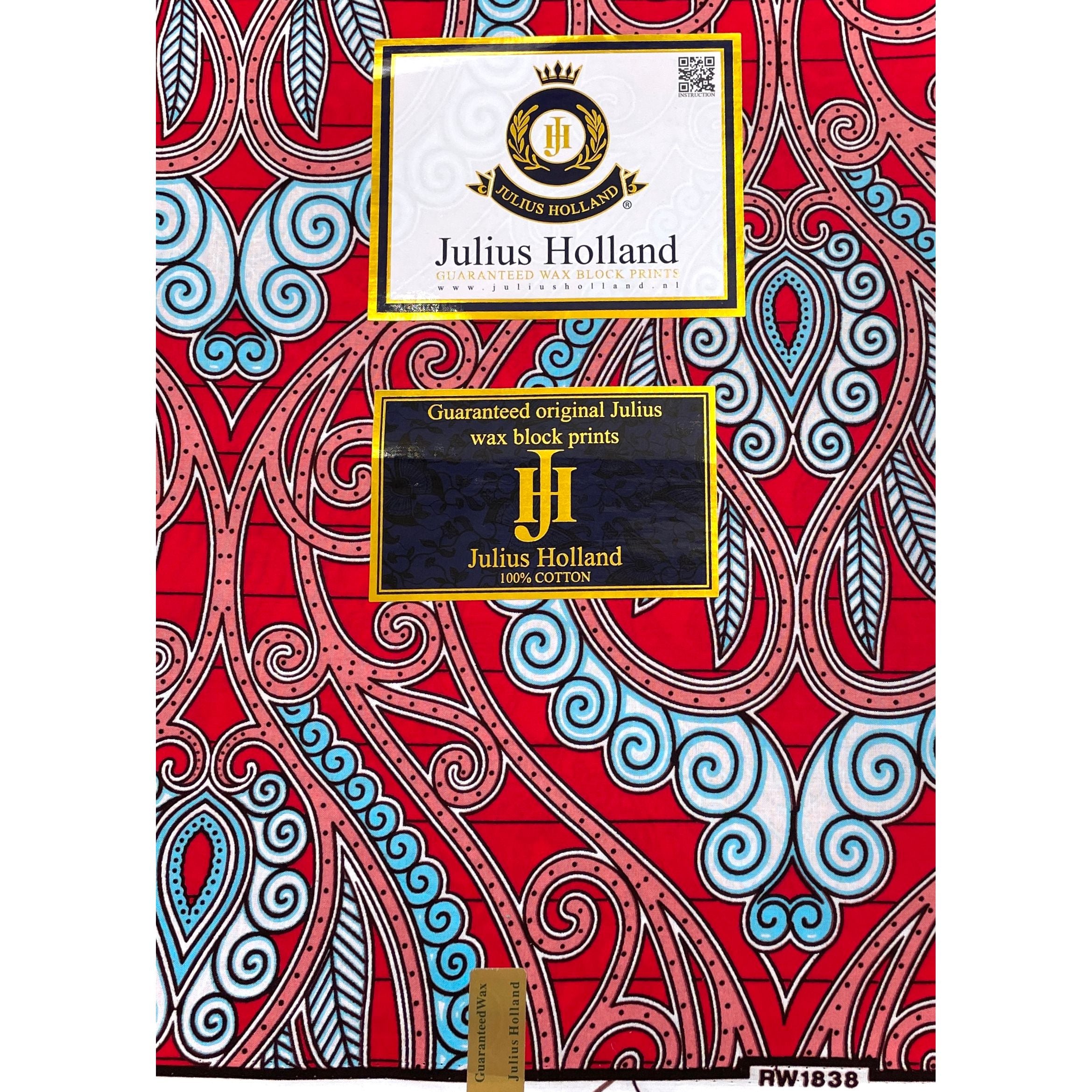 JULIUS HOLLAND WAX Block - Tissu Africain coton - Fleurs Vintage ROUGE / BLEU