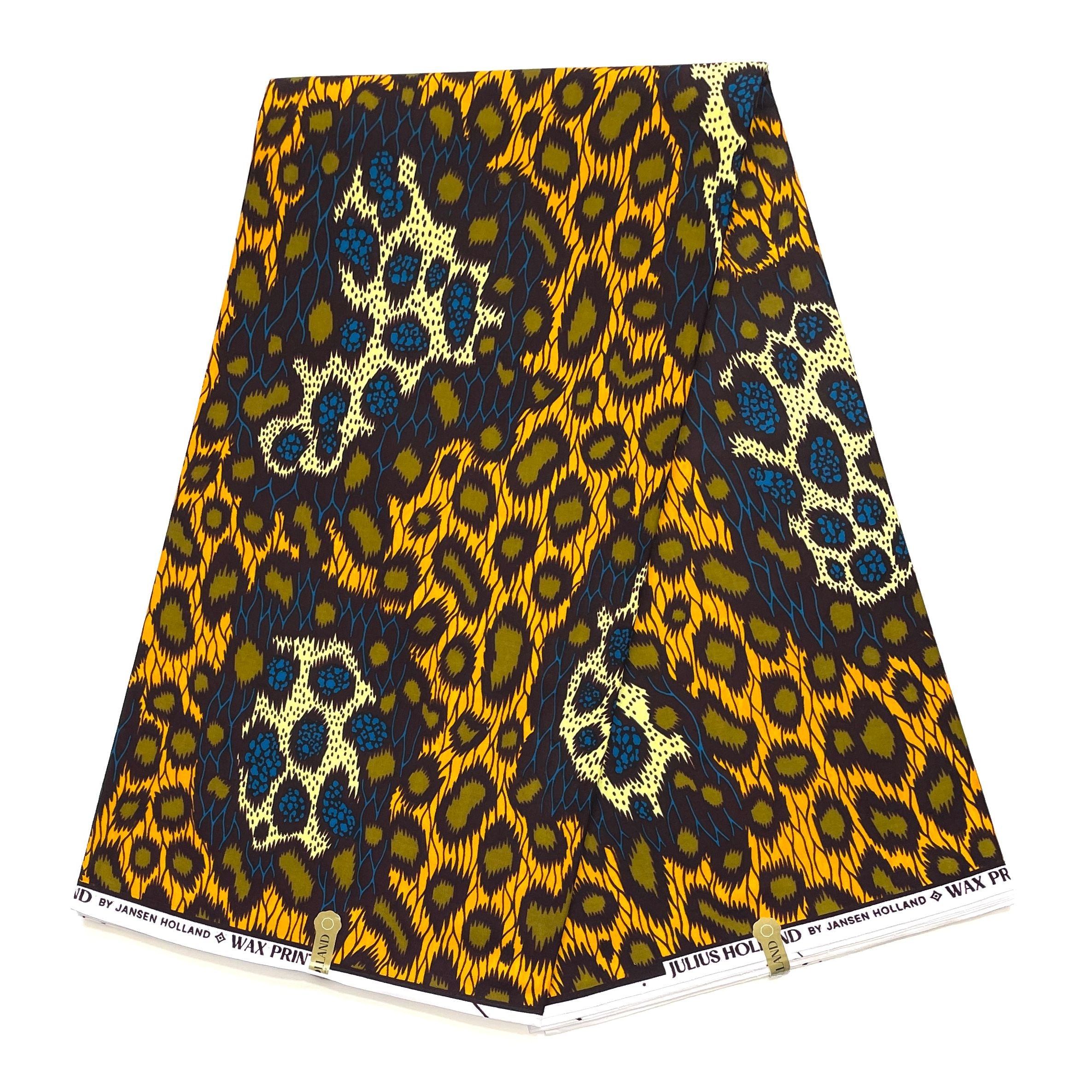 JULIUS HOLLAND WAX Block - Tissu Africain coton - Léopard JAUNE / KAKI / BLEU