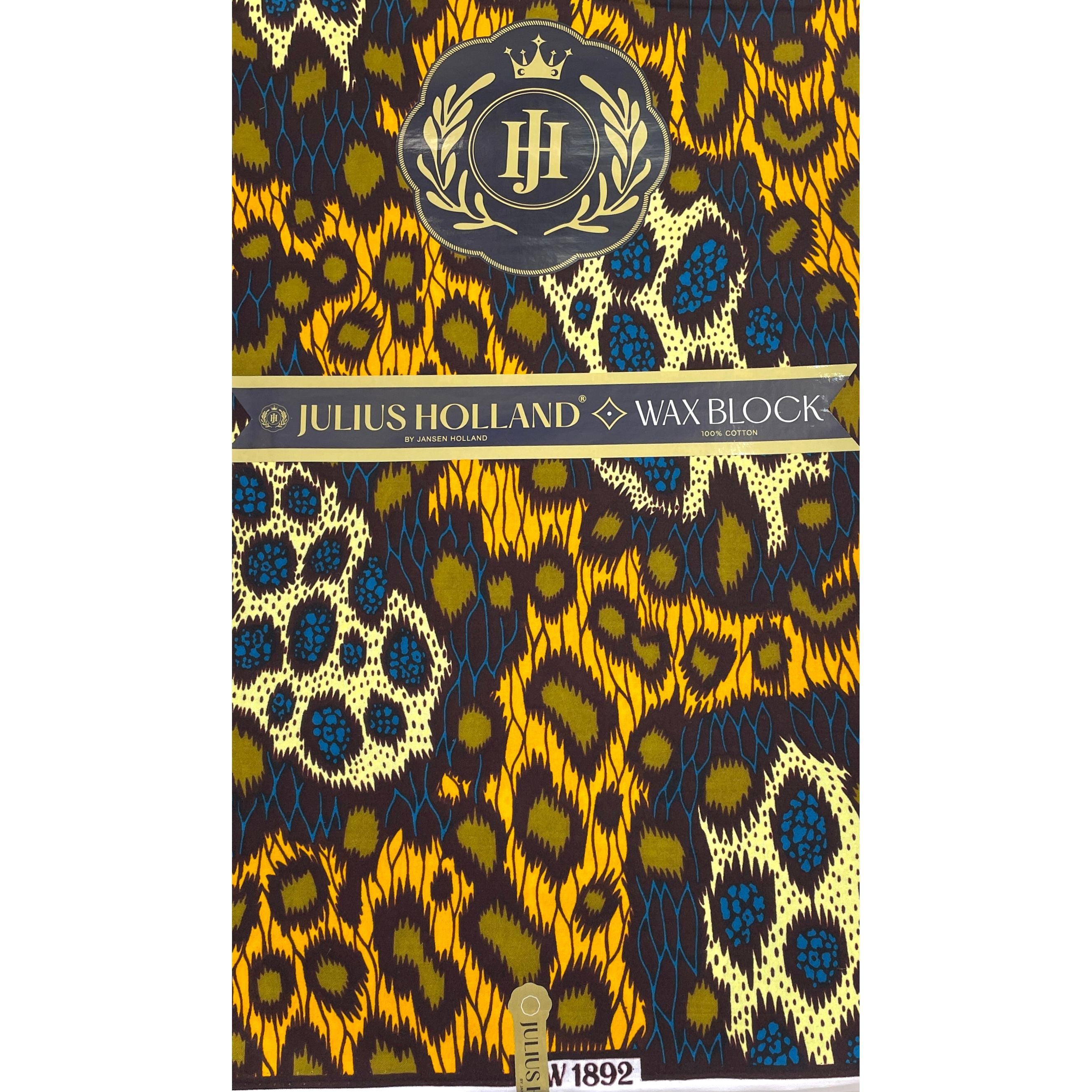 JULIUS HOLLAND WAX Block - Tissu Africain coton - Léopard JAUNE / KAKI / BLEU