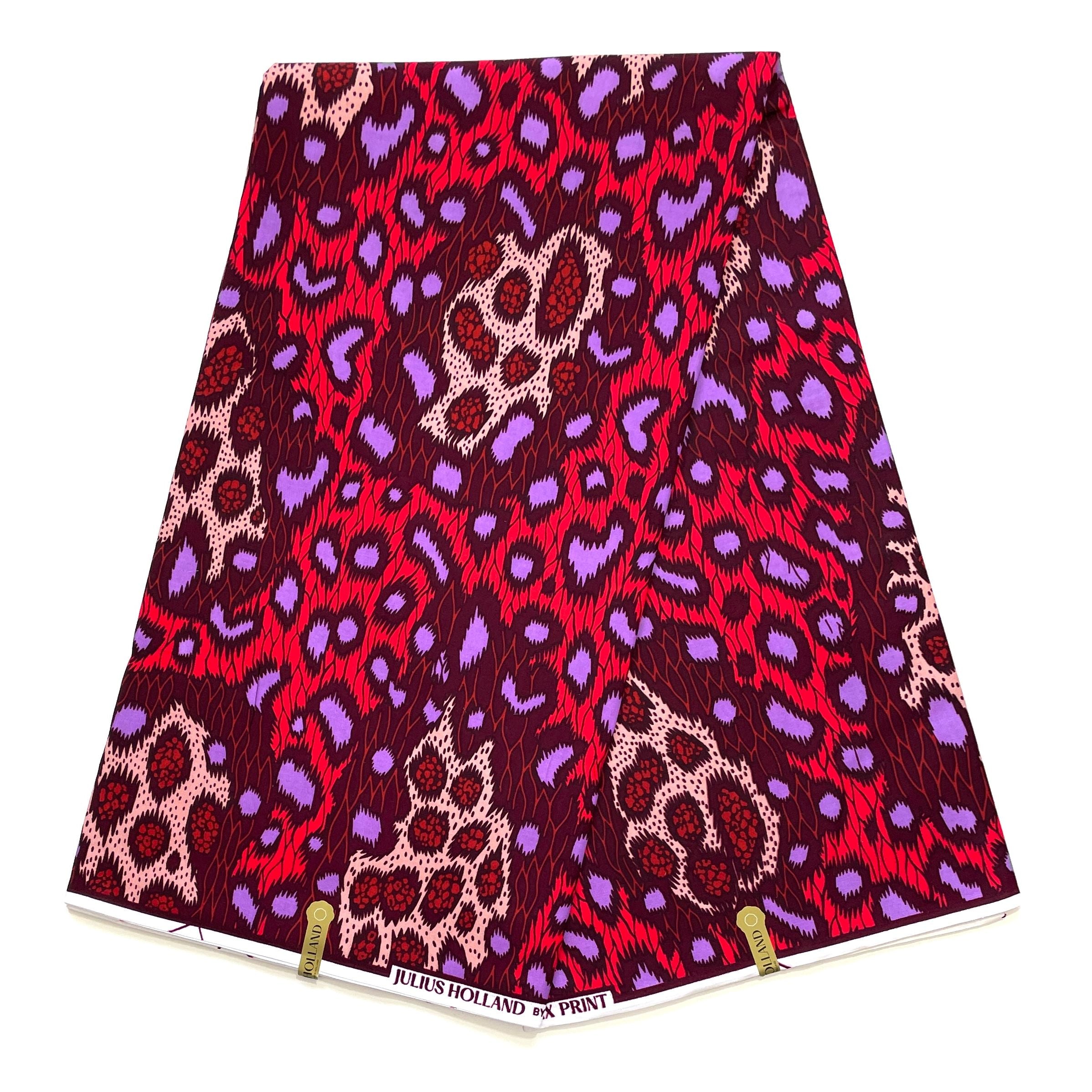 JULIUS HOLLAND WAX Block - Tissu Africain coton - Léopard ROUGE / MAUVE / BORDEAUX