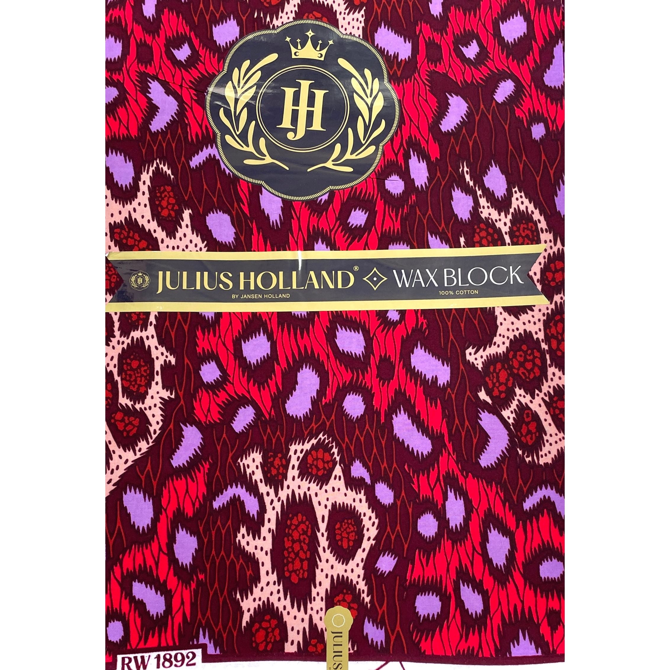 JULIUS HOLLAND WAX Block - Tissu Africain coton - Léopard ROUGE / MAUVE / BORDEAUX