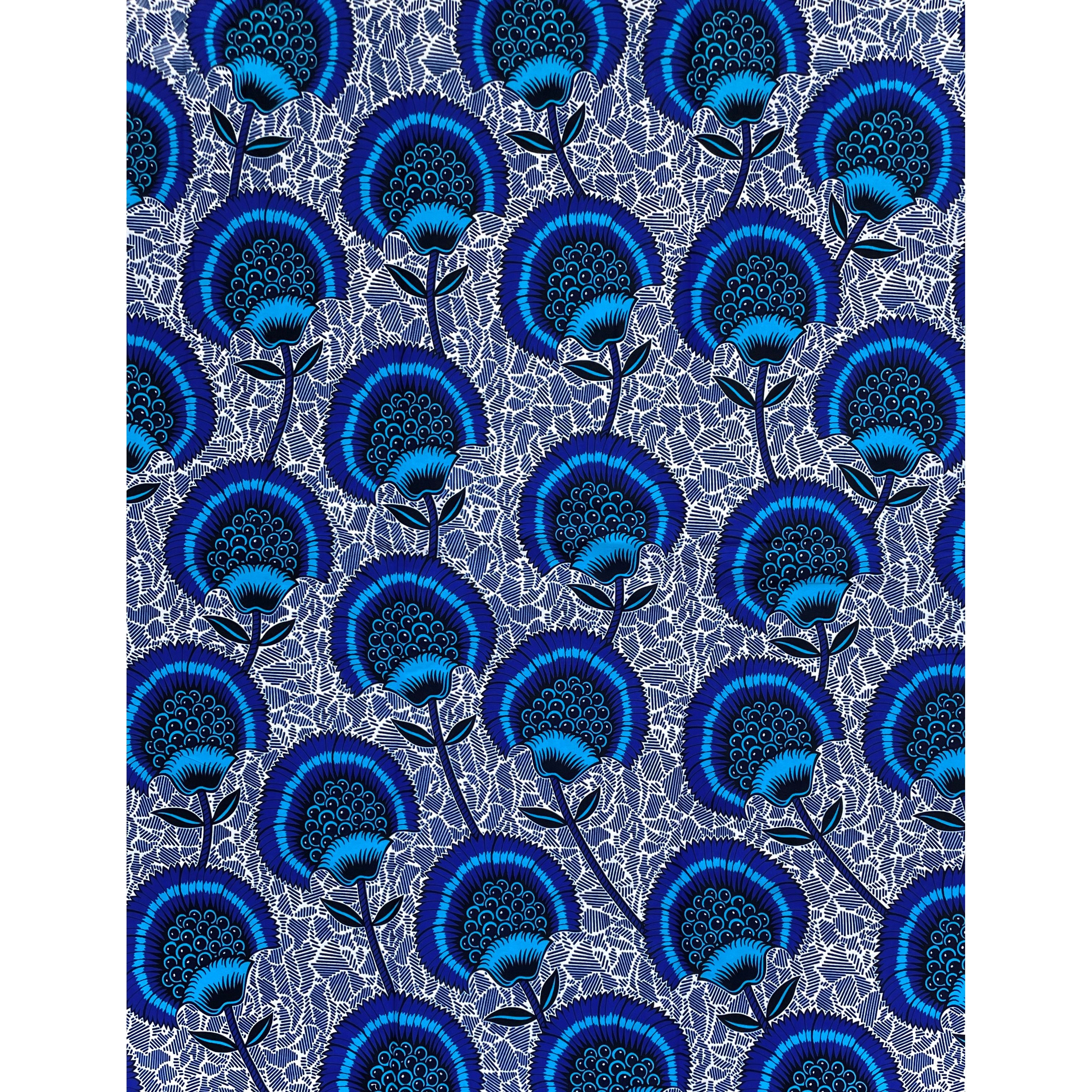 Tissu Wax Pagne Africain - 6 Yards 100% Coton - BLEU / BLANC