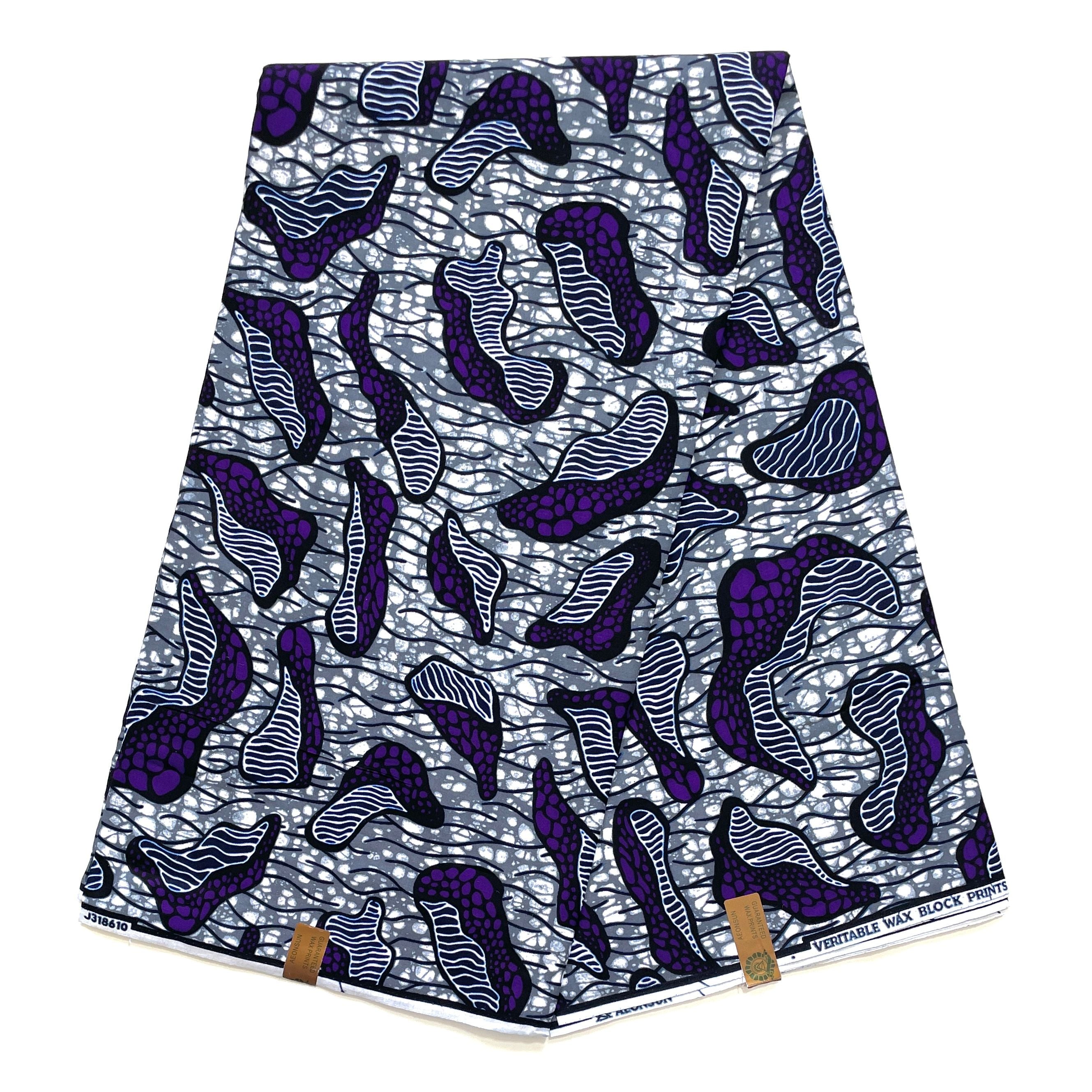 Tissu Wax Pagne Africain - 6 Yards 100% Coton - VIOLET / GRIS / BLEU FONCÉ