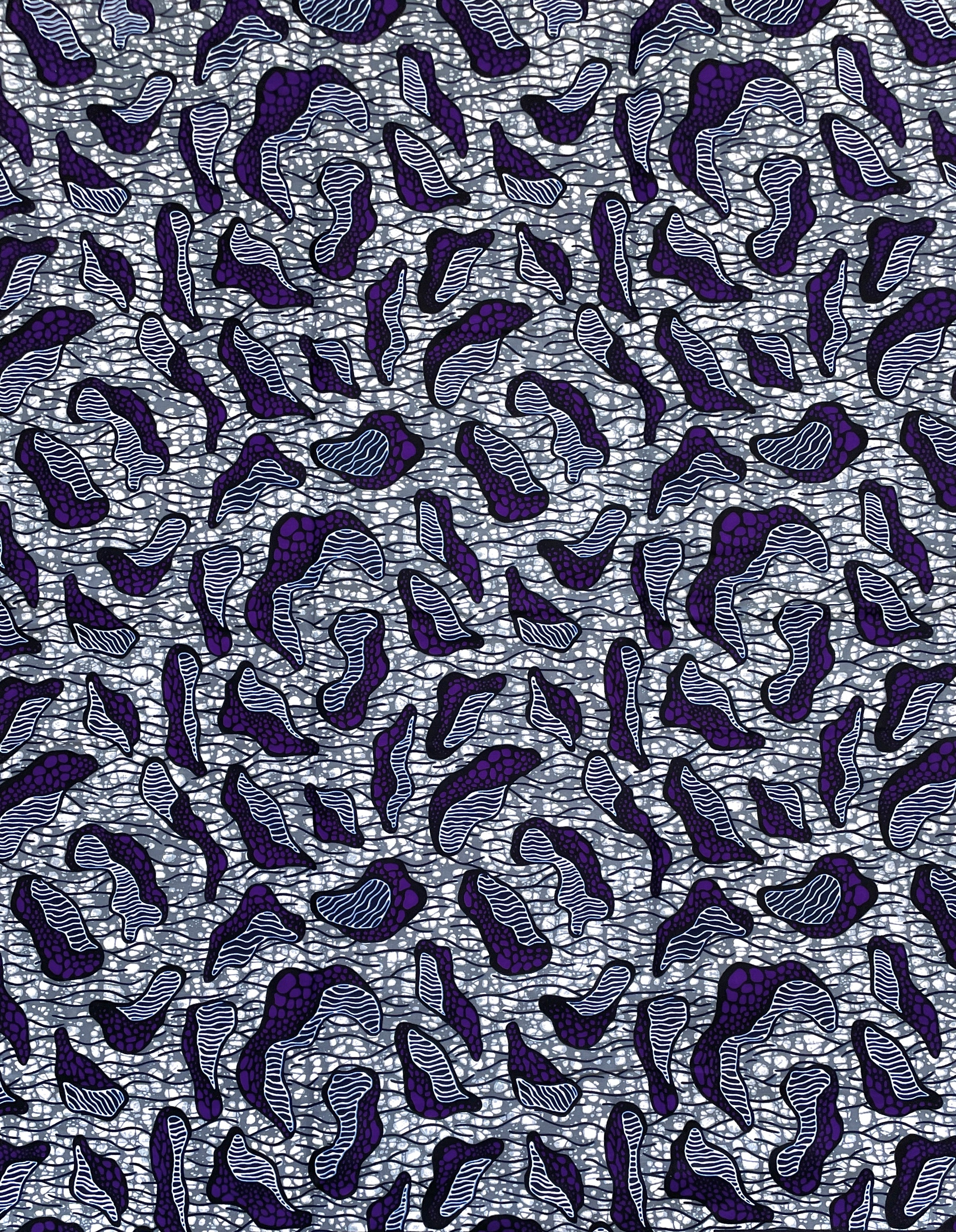 Tissu Wax Pagne Africain - 6 Yards 100% Coton - VIOLET / GRIS / BLEU FONCÉ