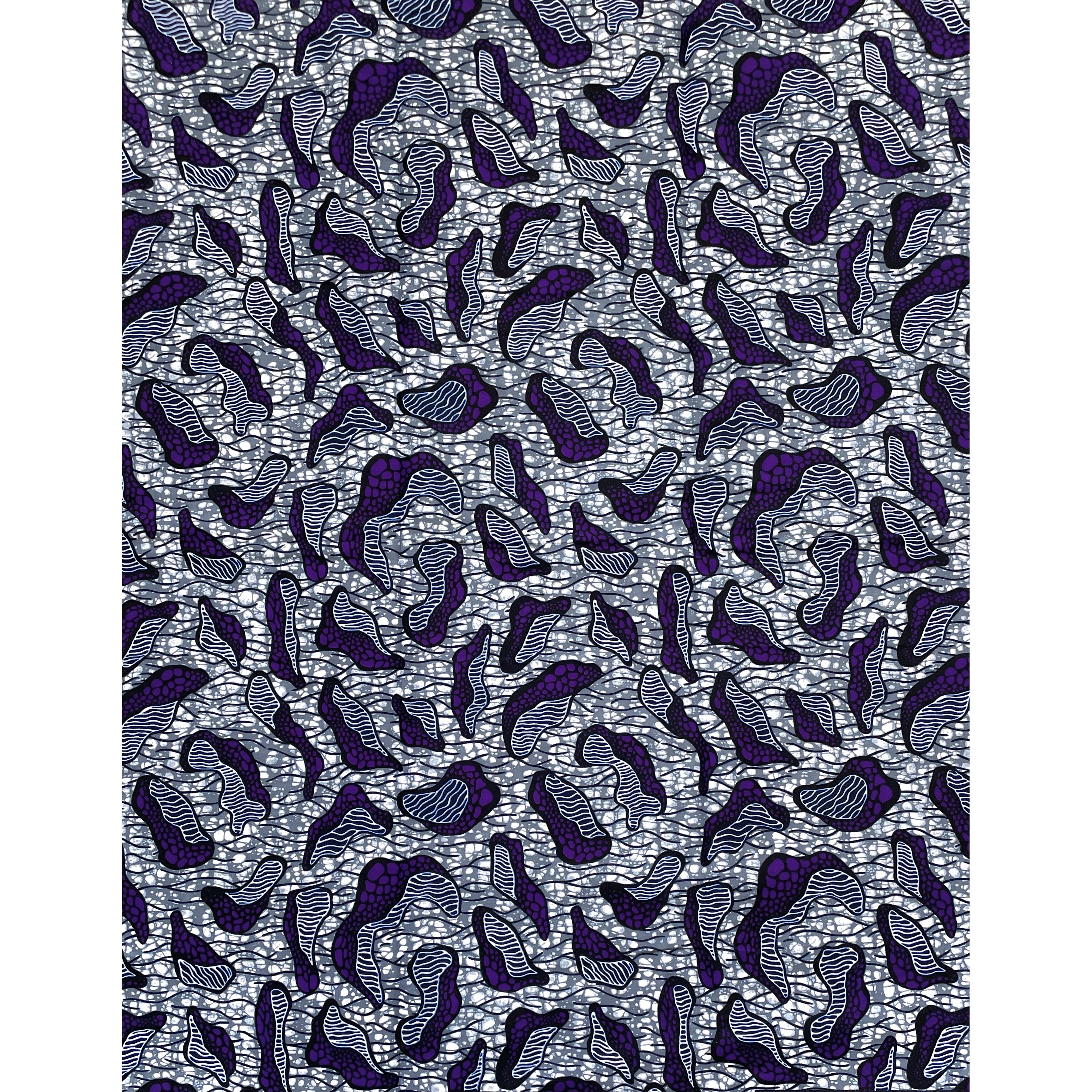 Tissu Wax Pagne Africain - 6 Yards 100% Coton - VIOLET / GRIS / BLEU FONCÉ