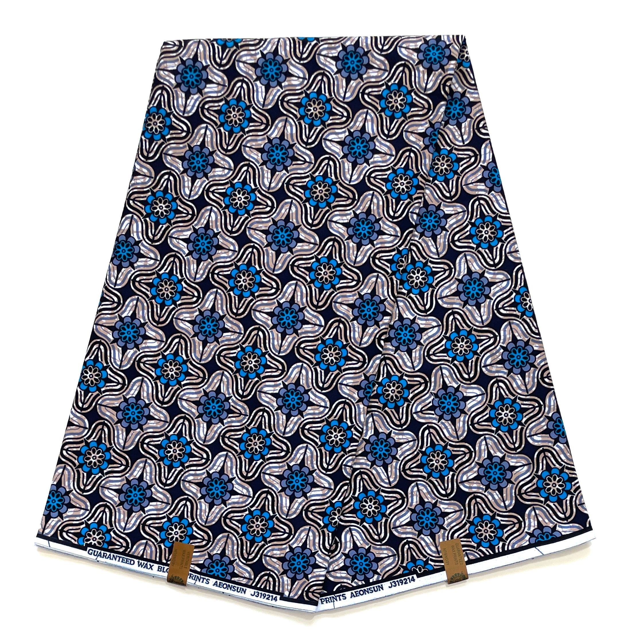 Tissu Wax Pagne Africain - 6 Yards 100% Coton - BLEU / BEIGE