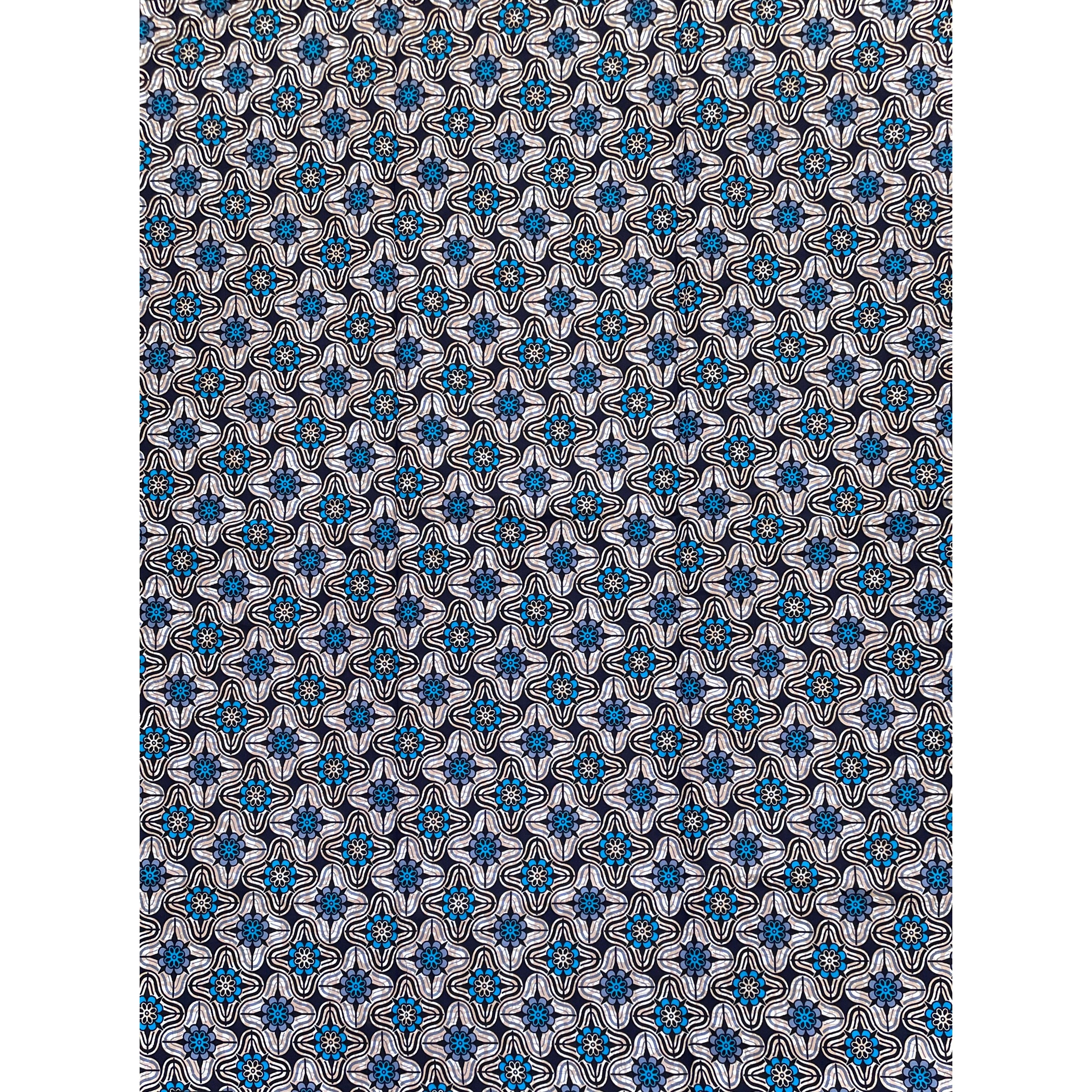 Tissu Wax Pagne Africain - 6 Yards 100% Coton - BLEU / BEIGE