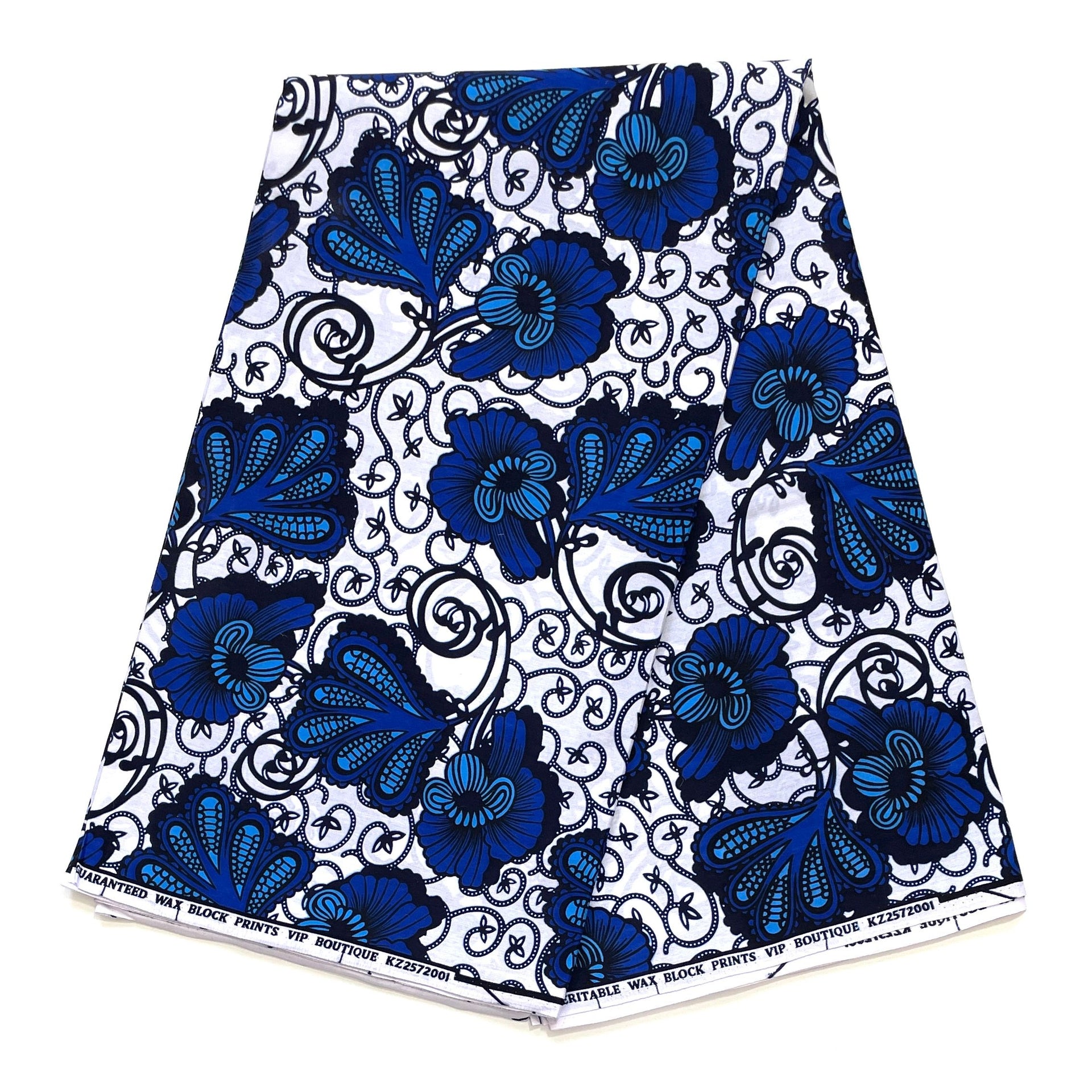 Wax Pagne Africain - Tissu 6 Yards 100% Coton - BLANC / BLEU